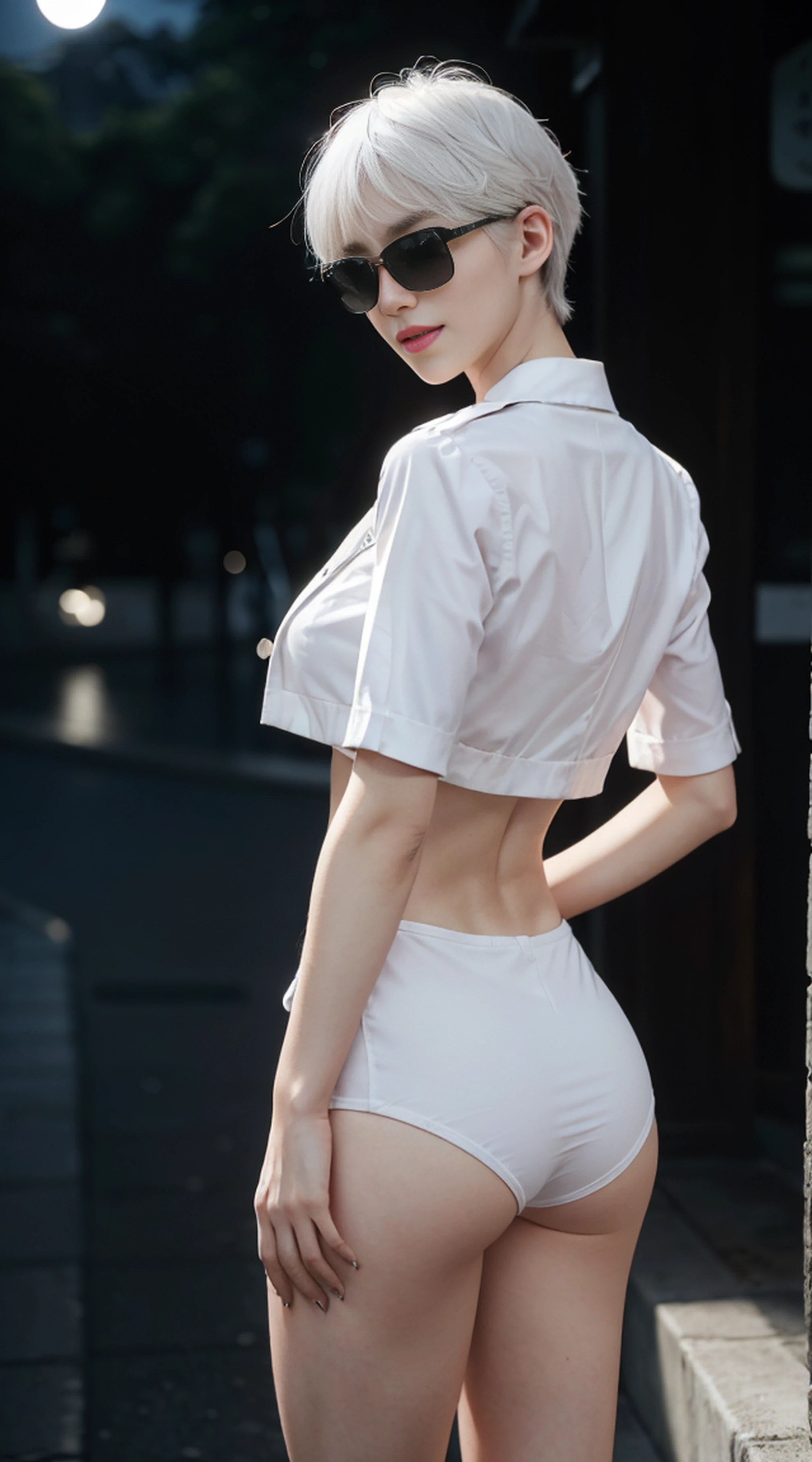 8K, Top Quality, Intricate Details, Ultra Detail, Ultra High Resolution, Masterpiece, ((from behind)), Slender, Smile, (Makeup: 0.4), (Fluffy Blue Eyes: 1.21), blue Eyes, looking at background, ((full body)), 1girl, solo, 1 girl, (( full body)), close up shot, standing , ((tall)), (((fit body))), (((slim face))), sharp face, sharp eyes, (((white hair, Short burgundy hair:1.3 )) (detailed face), sharp face, small lips,
(((Black sunglasses))), ((japanese school uniform)), detailed face, detailed breast, , large breast, detail ass, big ass, round ass , Beautiful girl with accentuated slender abs: 1.4, Six Pack Abs: 1.4, Bust Botox, Big, Perfect Body, detail leg, (( moonlight)),