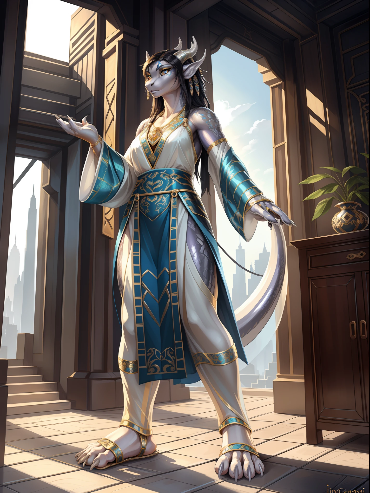 （Female dragon), standing, Solo,, Detailed scale texture, Bedroom, (Cyberpunk), (tribe outfit, ), (shoulders down,Leg underwear),Plastic sandals,Silver-white body,White belly, dawn, shaded, Dim environment, (drakgem), ((rakisha)), (kontanagamori)), (Upward view), It looks painful, [Simple background], Detailed pupils, Masterpiece artwork, Caustics, rim lit, Singlelightsource, Sharp shadows, solo portrait，finger claws, (digitgrade, toe claws), (Hanfu), by Inessa Garmash, greg rutkovsky, pino daeni, ruanjia