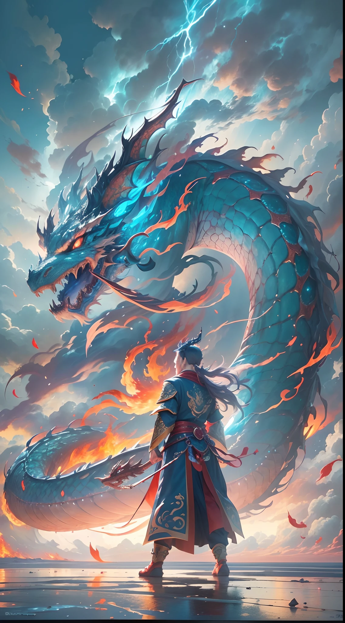 (The main subject: Wide-angle lens), The flame is light blue,[multicolor,(Chinese dragon anthropomorphism)], Lightning,dramatic clouds,(Deep depth of field), rich details​, (Wide sky), (sense of vastness),Energy and vitality, Intricate details.(Best quality, A high resolution, Masterpiece:1.2), (Realistic:1.37), hdr。