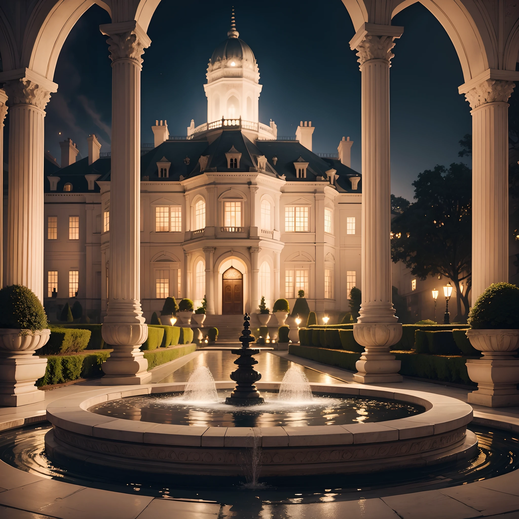 Lord white Palace in the city , soft lights, garden , fountain, microdetail,