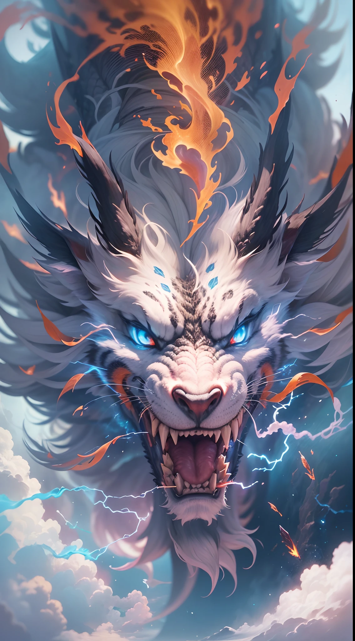 (The main subject: Wide-angle lens), The flame is light blue,[multicolor,(Chinese dragon anthropomorphism)], Lightning,dramatic clouds,(Deep depth of field), rich details​, (Wide sky), (sense of vastness),Energy and vitality, Intricate details.(Best quality, A high resolution, Masterpiece:1.2), (Realistic:1.37), hdr。