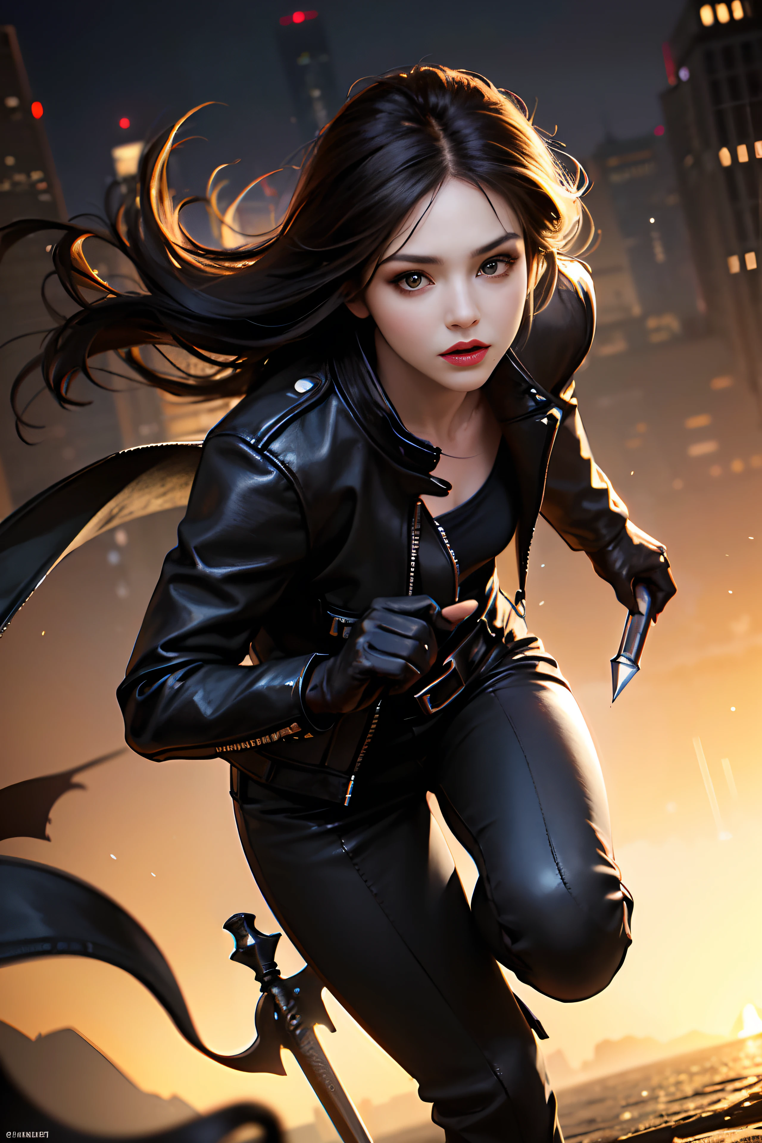 (skindentation:1.5), Realistic, Photorealistic, (masterpiece:1.5), concept art, intricate details, highly detailed, photorealistic, octane render, 8k, unreal engine, dynamic pose, best quality, highres, (realistic face:1.1), (hyperrealistic:1.1), ((full_body)), perfect eyes,(shiny skin:1.2), (((hairstyle))), (((perfect hands))), (extremely detailed background), ((dynamic background)), ((1girl)), wearing black leather jacket, black leather long pants, black t-shirt, black boots, (((flowing jacket))), ((detailed eyes, high quality eyes, high quality face)), (extremely intricate jacket), long black hair, ((dramatic)), epic, city, depth of field, bokeh, 4k, (((assassin))), ((holding dagger)), black mask, ((running action))