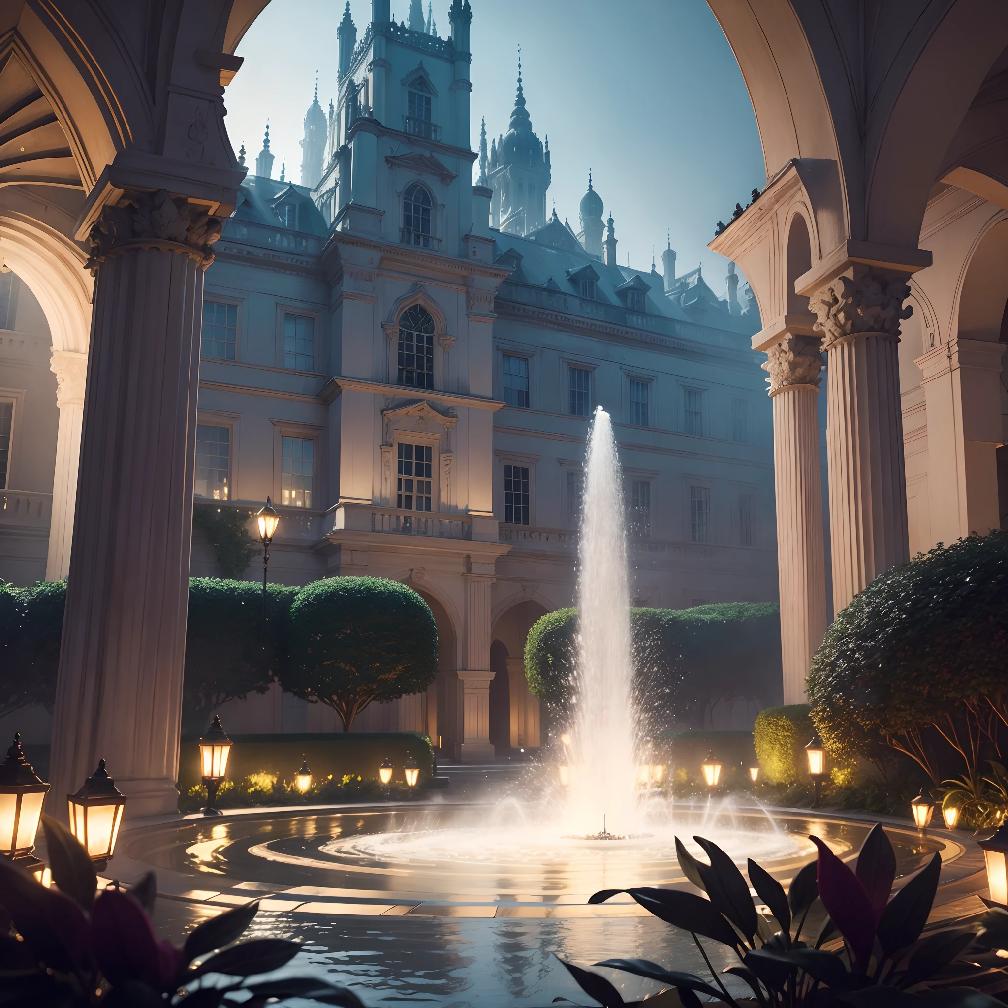 Lord white Palace in the city , soft lights, garden , fountain, microdetail,