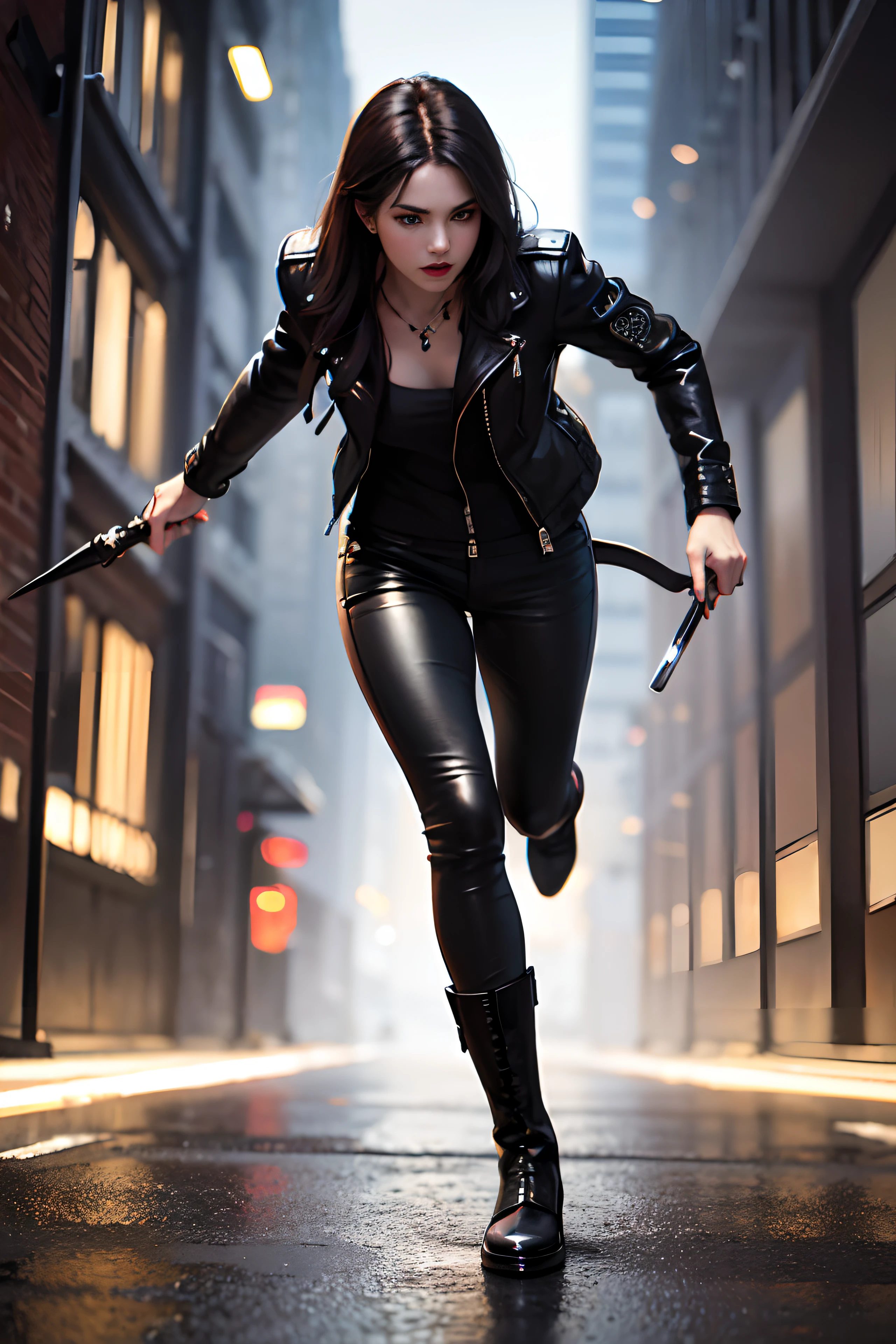 (skindentation:1.5), Realistic, Photorealistic, (masterpiece:1.5), concept art, intricate details, highly detailed, photorealistic, octane render, 8k, unreal engine, dynamic pose, best quality, highres, (realistic face:1.1), (hyperrealistic:1.1), ((full_body)), perfect eyes,(shiny skin:1.2), (((hairstyle))), (((perfect hands))), (extremely detailed background), ((dynamic background)), ((1girl)), wearing black leather jacket, black leather long pants, black t-shirt, black boots, (((flowing jacket))), ((detailed eyes, high quality eyes, high quality face)), (extremely intricate jacket), long black hair, ((dramatic)), epic, city, depth of field, bokeh, 4k, (((assassin))), ((holding dagger)), black mask, ((running action))