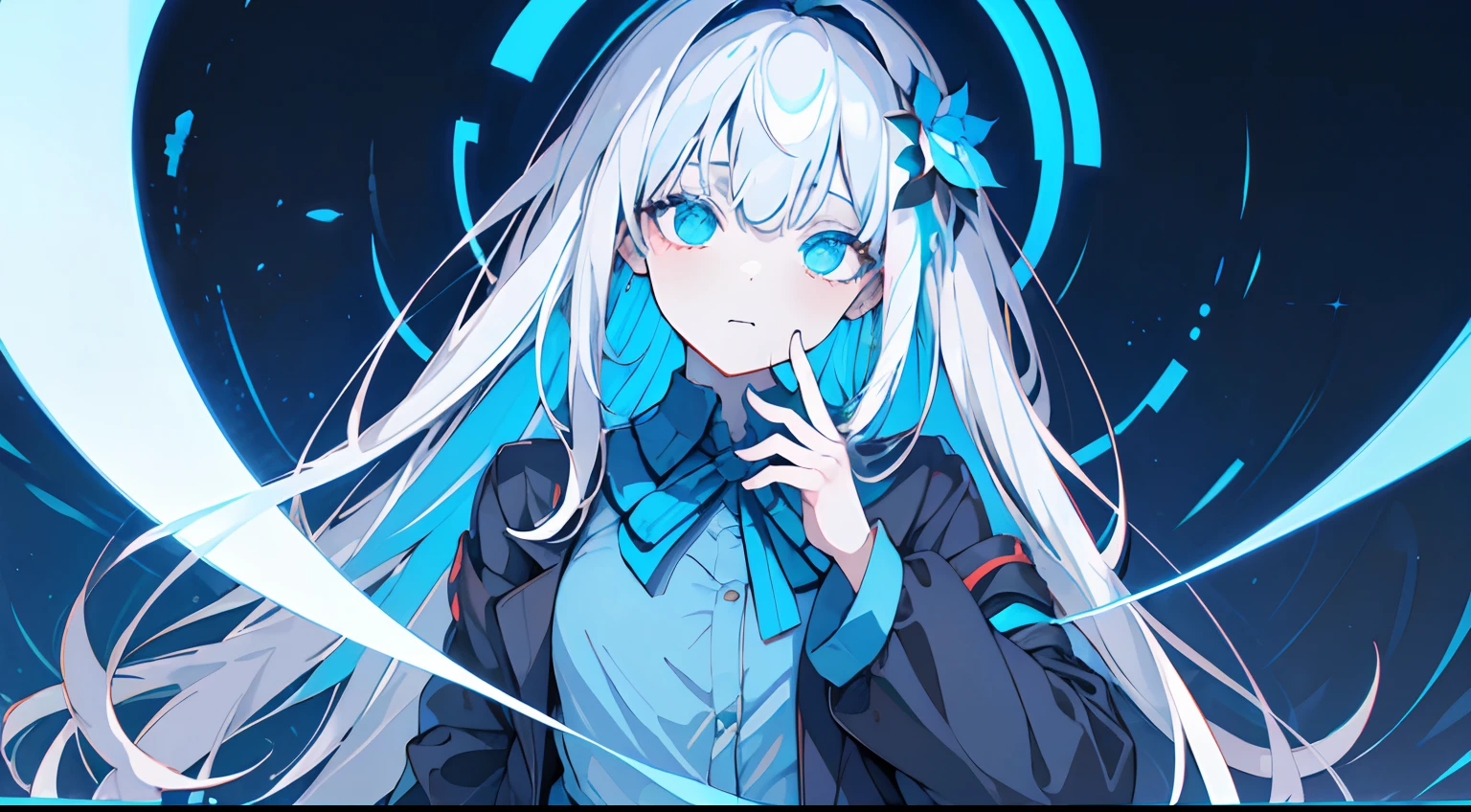 masterpiece,best quality,extremely detailed CG unity 8k wallpaper,white hair,long_hair,hair glass flower,Cyan eyes,small breasts,blue theme,trench_coat,glass land,looking at viewer,1girl,flat shading,upper body,hidden hands,beautiful eyes,full body
1 synth wave style girl, extremely detailed CG ,(masterpiece),(best quality), (limited palette) , blue fluorescent paint,noline art, silhouette, partially colored, (alternate color):1.4, dynamic angle, (blue):1.3, dark blue shadow, (synth wave), (chromatic aberration) , (((thick) outline)), blue outline, (solo focus), blue neon lights, perfect shadow,