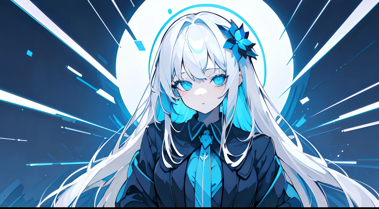 masterpiece,best quality,extremely detailed CG unity 8k wallpaper,white hair,long_hair,hair glass flower,Cyan eyes,small breasts,blue theme,trench_coat,glass land,looking at viewer,1girl,flat shading,upper body,hidden hands,beautiful eyes,full body
1 synth wave style girl, extremely detailed CG ,(masterpiece),(best quality), (limited palette) , blue fluorescent paint,noline art, silhouette, partially colored, (alternate color):1.4, dynamic angle, (blue):1.3, dark blue shadow, (synth wave), (chromatic aberration) , (((thick) outline)), blue outline, (solo focus), blue neon lights, perfect shadow,