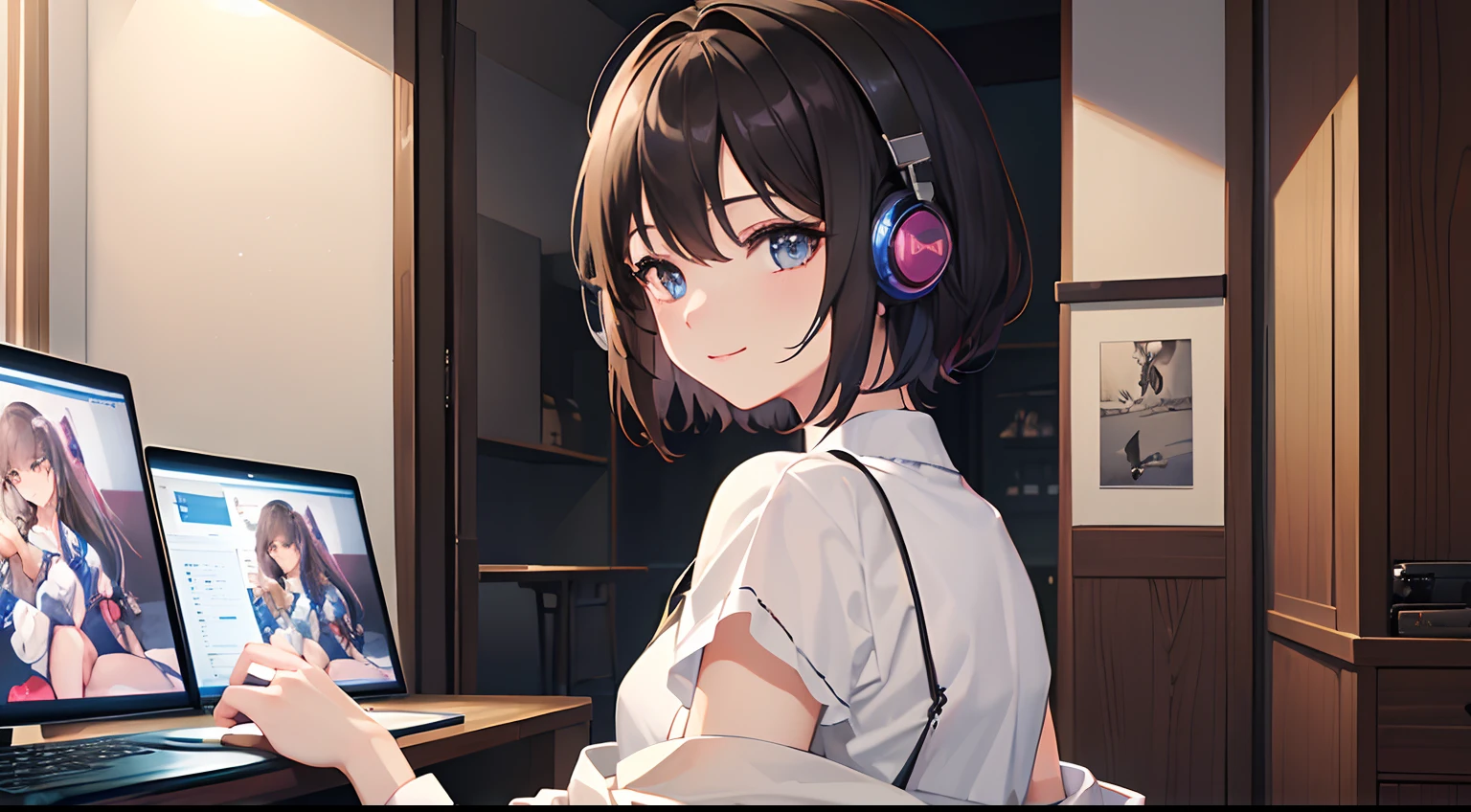 (beautiful eyes finely detailed、Face to detail、masterpiece sidelighting、​masterpiece、top-quality、detaileds、High resolution illustration)、((Large screen、Gaming PC:1.2)), ((Scene、1 persons)), (jpn、TOKYOcty、A room at home、)、youtuber,Live streaming,(photographed from the back、Looks Back、You are playing the commentary of the game、headphones)（rcasual、long-sleeve、sports wear、prety woman)、(1 persons、Female around 25 years old) ,(1girl in,The upper part of the body、from waist up、Esbian,frontage、Beautuful Women,luslous skin、see the beholder、A smile), (Short hair、Brown-eyed、)、