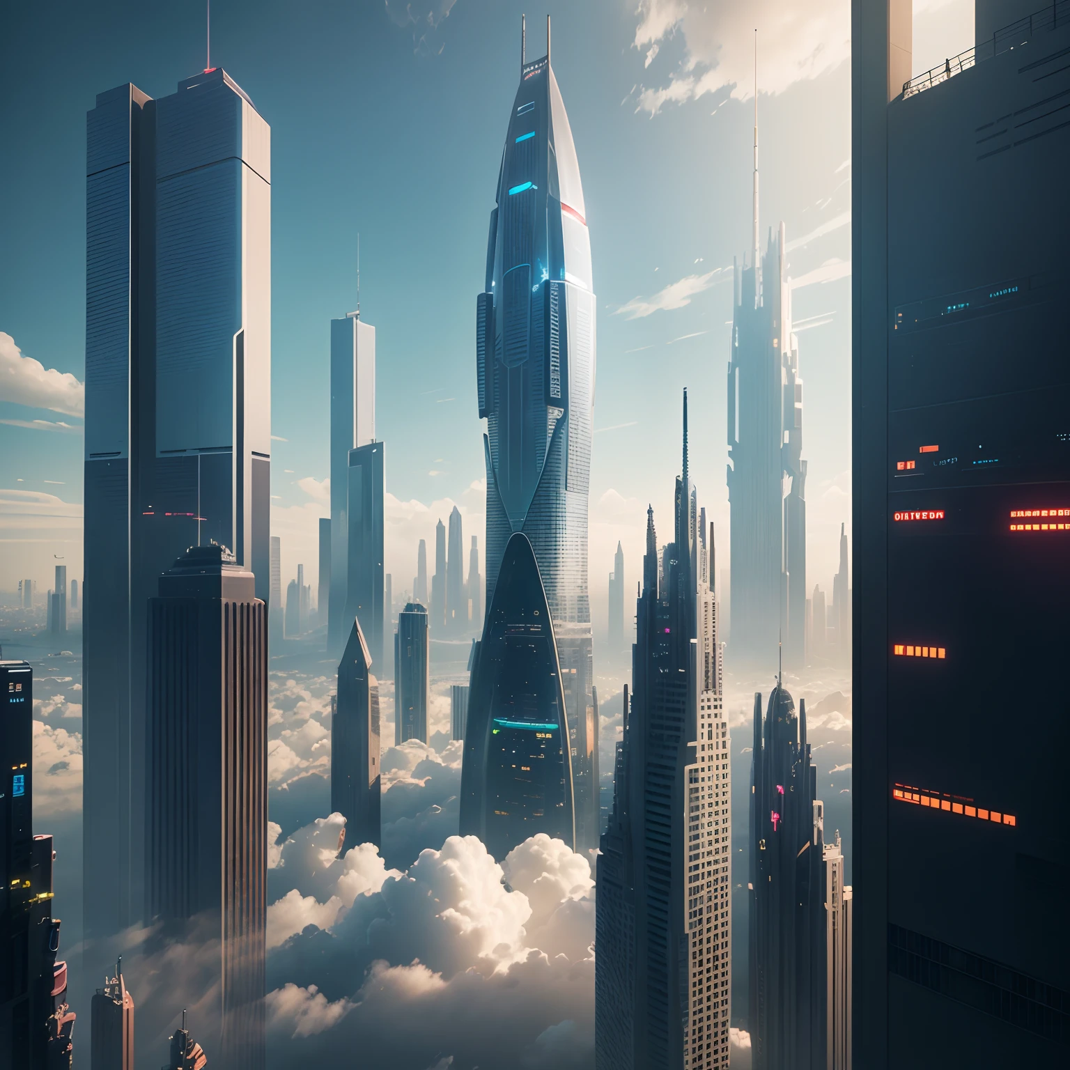 A number of skyscrapers stand out from among the clouds,cyberpunked,futuristic cities,SFArt Works,超A high resolution,planet earth,masterpiece,Future City,dream、Building height10fold,