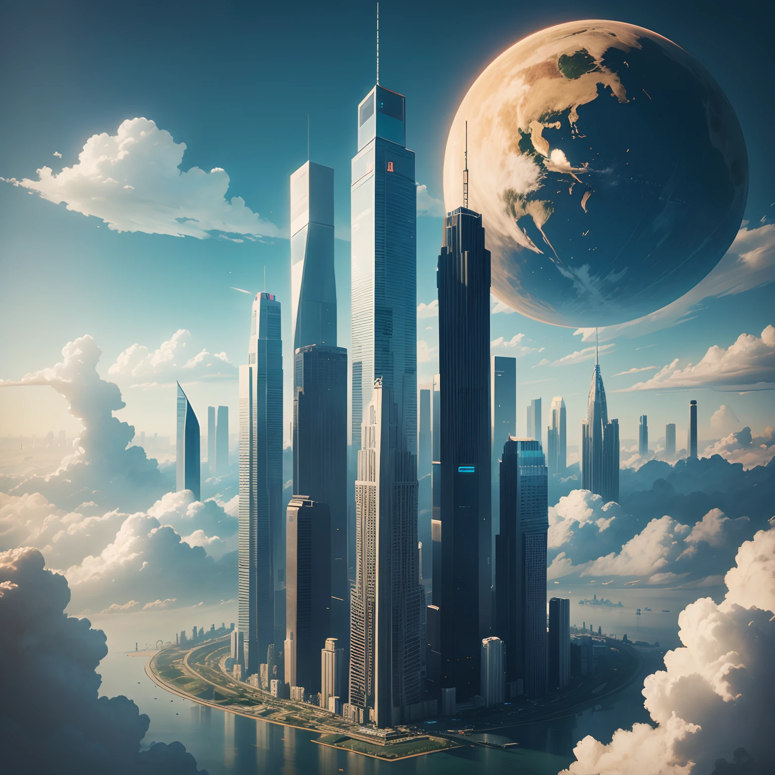 A number of skyscrapers stand out from among the clouds,cyberpunked,futuristic cities,SFArt Works,超A high resolution,planet earth,masterpiece,Future City,dream、Building height10fold,