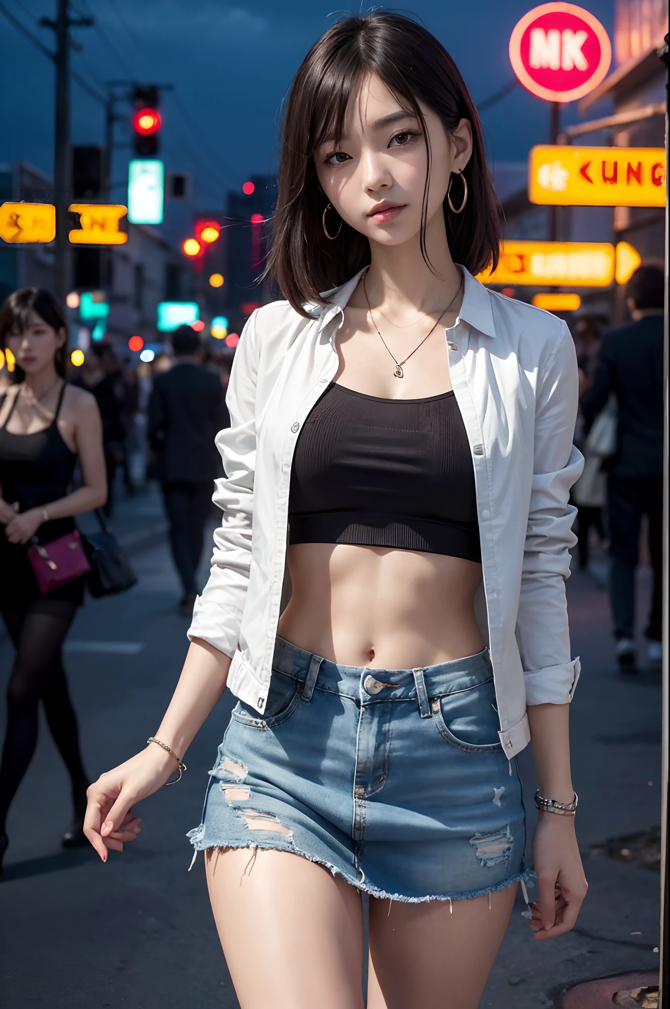 8k, Masterpiece, RAW Photo, Best quality, detail:1.2), photorealistic, Extremely detailed CG unifies 8k wallpapers, Depth of field, cinematic light, Lens flare, Ray tracing, (extremely beautiful face, beautiful lips , Beautiful eyes), Intricate detail face, ((Ultra detailed skin)) 1girl, Dark, deep shadow, Pretty Korean girl, Kpop idol, (Very slim and slim muscular body:1.3), ((View viewer)) ,(big smile), (Mini jean skirt),(open jacket), (Injection cuff), (City night, (Neon light sign), (Night), Pretty Korean girl, Earrings, bracelet, necklace, no pantyhose, light eyes, walking, (Pale skin), Face forward, (big eyes), ((Shots in the upper part of the body)), Go back, Back shot, very thin, Slander