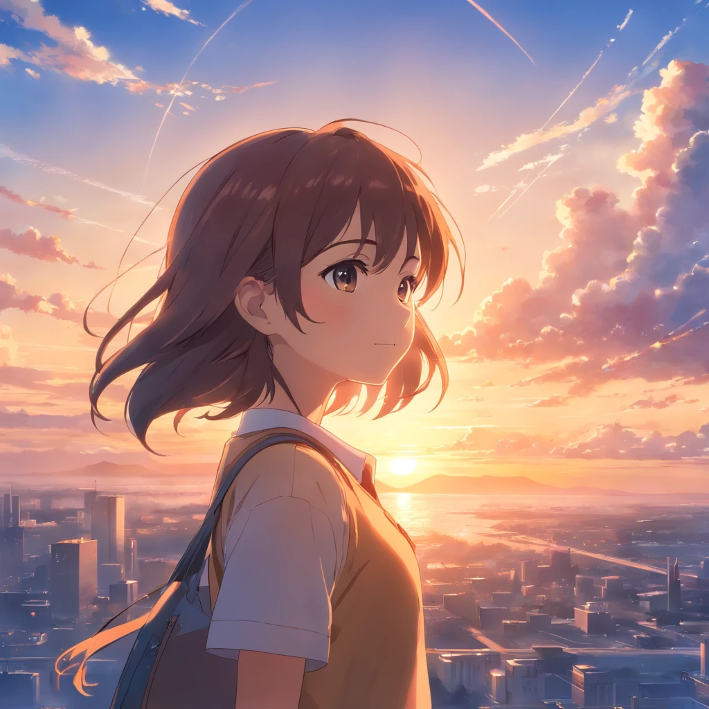 masterpiece、top-quality、Movie stills、1girl、Clouds and schoolgirl、Sky floating in the background、a closeup、发光、happiness、Warm soft lighting、the setting sun、(Spark:0.7)