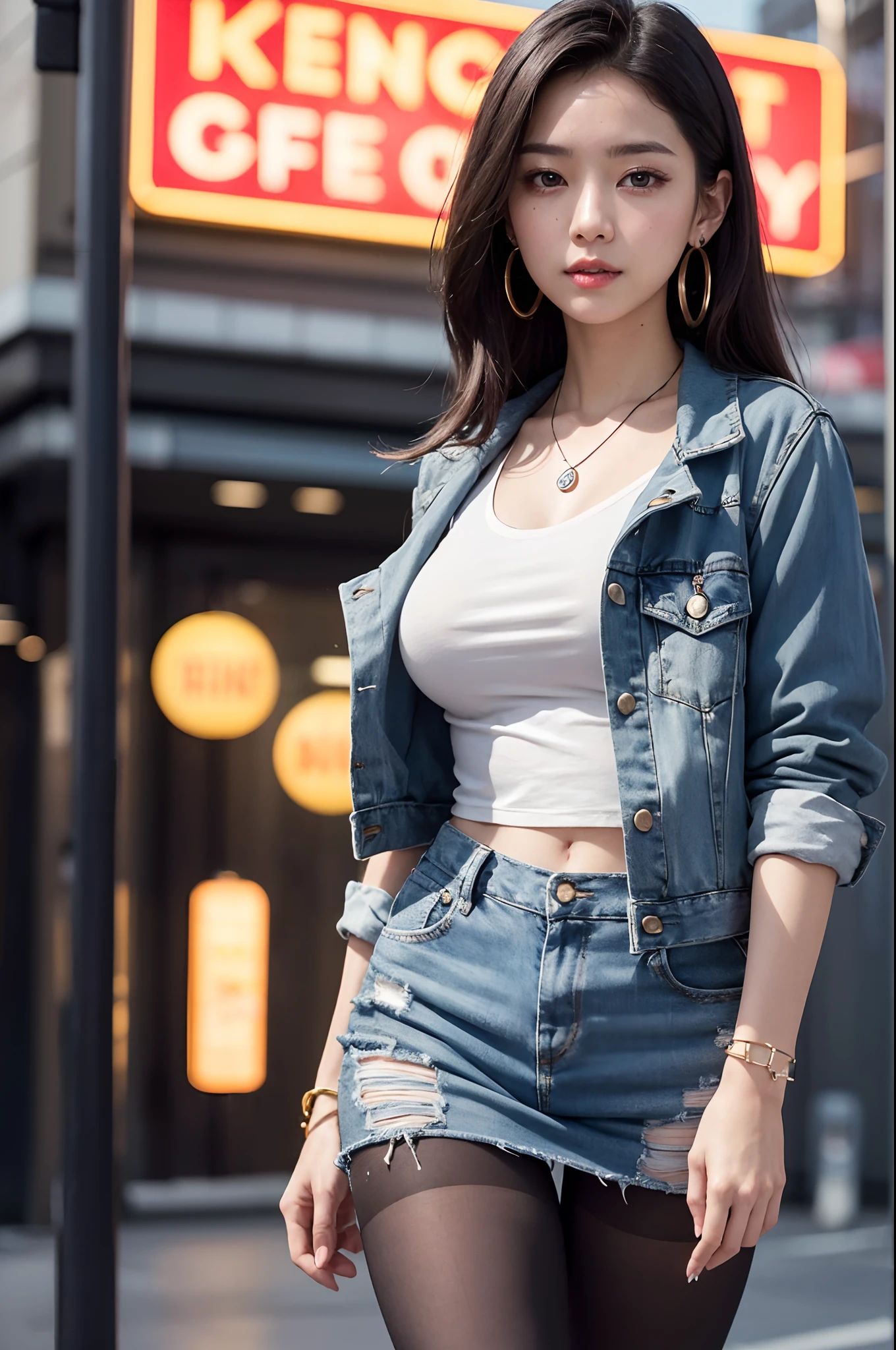 8k, Masterpiece, RAW Photo, Best quality, detail:1.2), photorealistic, Extremely detailed CG unifies 8k wallpapers, Depth of field, cinematic light, Lens flare, Ray tracing, (extremely beautiful face, beautiful lips , Beautiful eyes), Intricate detail face, ((Ultra detailed skin)) 1girl, Dark, deep shadow, Pretty Korean girl, Kpop idol, (Very slim and slim muscular body:1.3), ((View viewer)) ,(big smile), (Mini jean skirt),(open jacket), (Injection cuff), (City night, (Neon light sign), (Night), Pretty Korean girl, Earrings, bracelet, necklace, no pantyhose, light eyes, walking, (Pale skin), Face forward, (big eyes), ((Shots in the upper part of the body)), Go back, Back shot, very thin, Slander