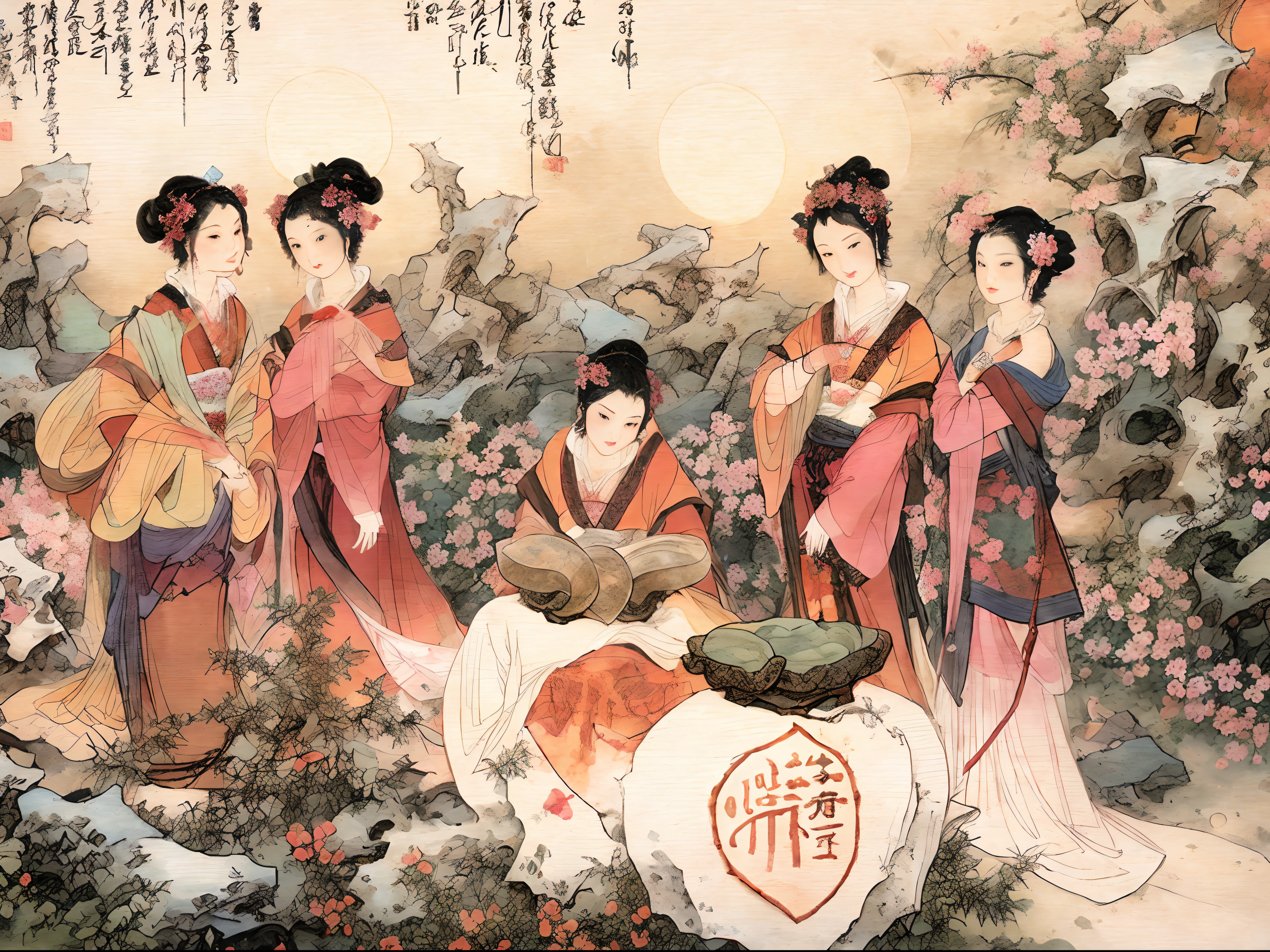 Masterpiece, Best quality,(full bodyesbian:1.3), Solo,chinese paintings,Beautiful face and eyes details of Chinese girl, Perfect skin,make happy expressions,The sisters make wine together,clean color,Low-saturation colors,Colors of low brightness,rich details​,Ancient Chinese Ming dynasty style,Quiet and elegant atmosphere,The red tone is the keynote,Pure,light make-up,Jade jewelry,hair adornments,moon full,Colorful,sharp and clear focus,instagram most viewed, Concept artist, Depth of field,flower,Bush