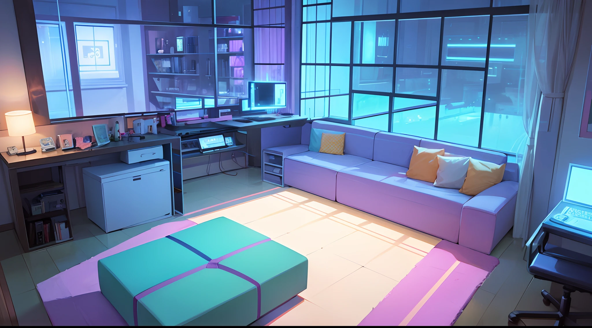 Imagine a tranquil gamer-themed room with a lofi aesthetic. The walls are adorned in soft tones like pastel pink or light purple, and shelves display video game figurines and collectibles. In the center of the room, there is a cozy gaming chair and a desk with a computer and multiple screens, reflecting soft and vibrant lights. The desk features backlit keyboard and mouse in soothing pastel colors. In one corner, there is a relaxation area with cushions and pillows, surrounded by dim colored lights. The room is bathed in warm, gentle lighting, and soft lofi music plays in the background