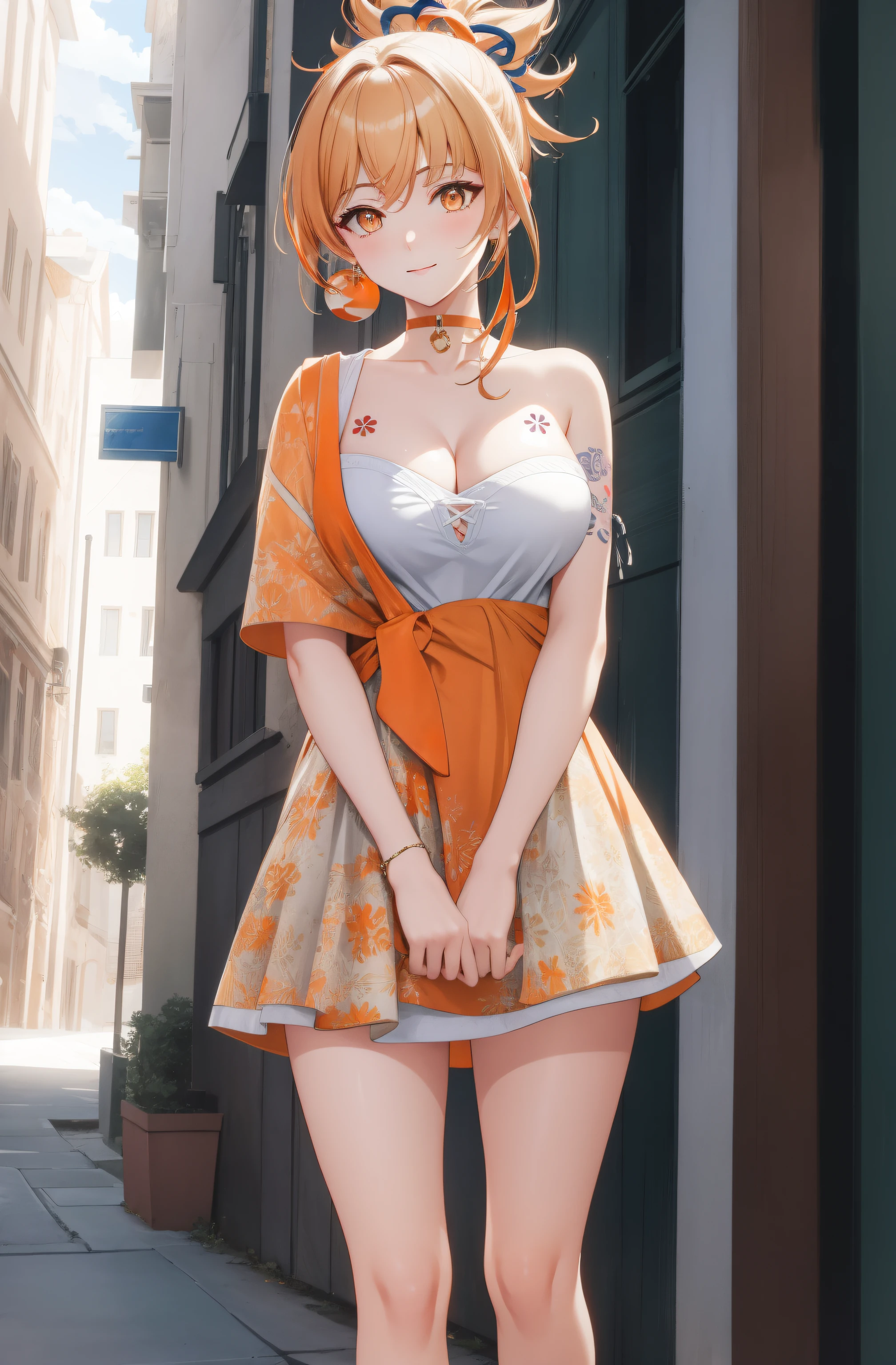 (day:1.7), standing in front of  a building in the background,
green dress with a yellow bow tie and earrings,
yoimiya, arm tattoo, choker, hair ornament, light brown hair, long hair, (orange eyes:1.5), red choker, sidelocks,
1 girl, 20yo,young female,Beautiful Finger,Beautiful legs,Beautiful body,Beautiful Nose,Beautiful character design, perfect eyes, perfect face,
looking at viewer, (innocent_big_eyes:1.0),(expressionless:1.3),seductive pose.teasing smile, 
NSFW,official art,extremely detailed CG unity 8k wallpaper, perfect lighting,Colorful, Bright_Front_face_Lighting,
(masterpiece:1.0),(best_quality:1.0), ultra high res,4K,ultra-detailed,
photography, 8K, HDR, highres, absurdres:1.2, Kodak portra 400, film grain, blurry background, bokeh:1.2, lens flare, (vibrant_color:1.2)
(Beautiful,medium_Breasts:1.4), (beautiful_face:1.5),(narrow_waist),(perfect anatomy,perfect fingers),