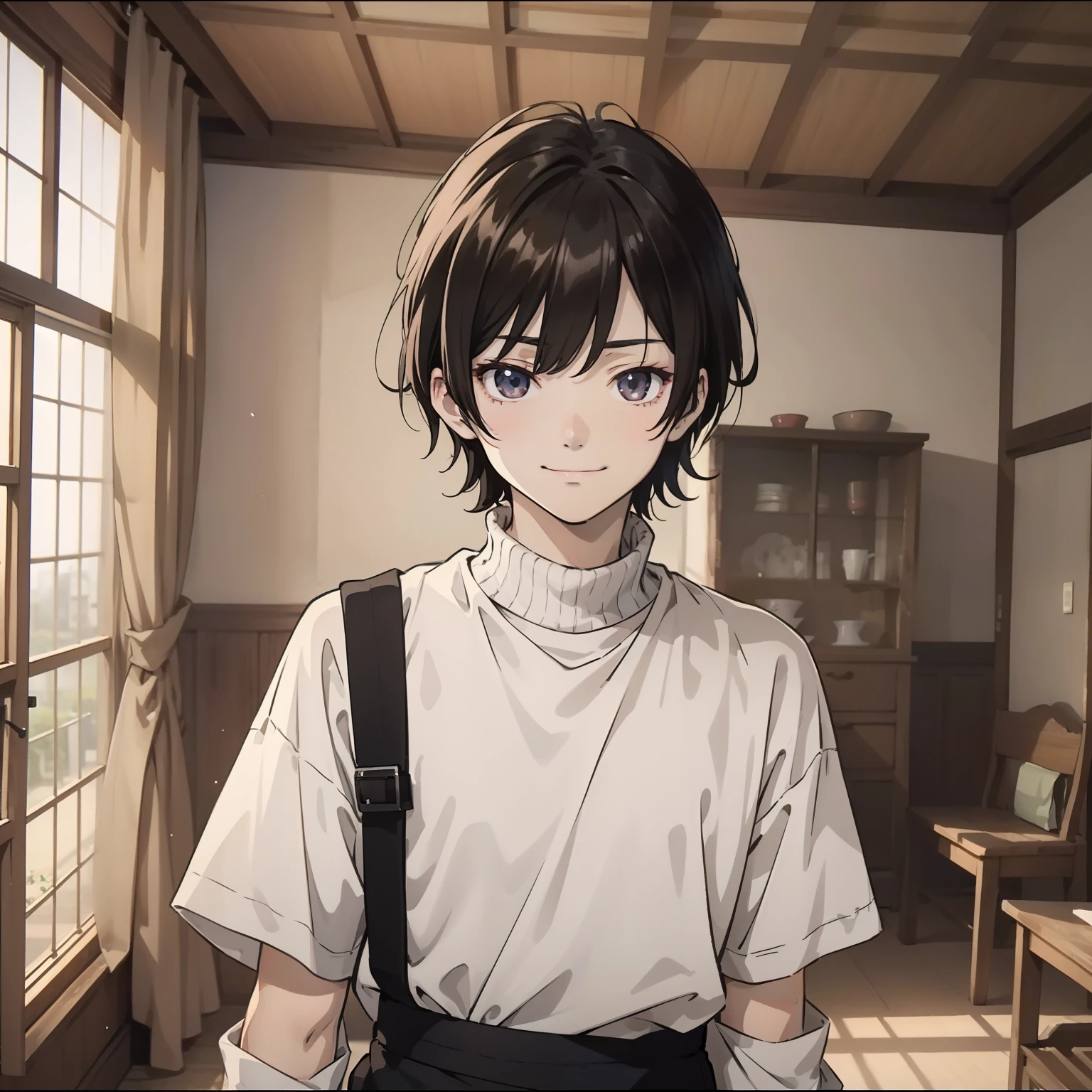 A young anime guy with short black hair and a white shirt about 20 years old standing in front of the camera in the village house grabbing a pair of hands in the camera (smile 1.5) (background village room 1.5) anime style 4 K, anime rendering, anime style. 8k, handsome anime face (upper body display 1.5) (handsome boy 1.3) (cinematic light 1.5), turtle neck Shirt