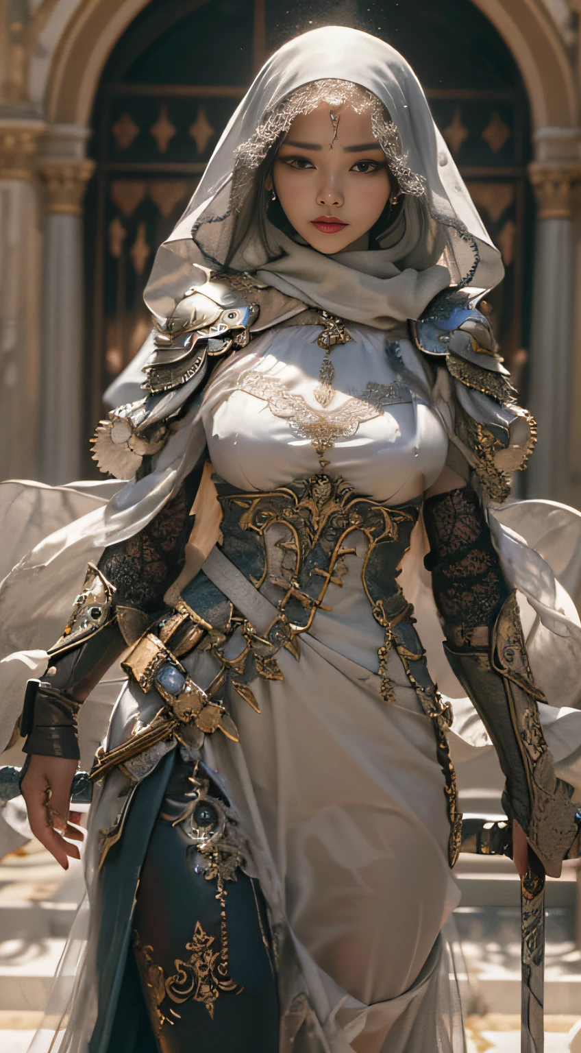masterpiece, best quality, cinematic light, ultra high res, 8k uhd, intricate details, nature light, film grain, dreamlike, perfect anatomy, best shadow, delicate, RAW>, pleasured expression, spotless face, perfect face, perfect body, expressive eyes, 2girls, wearing cape hijab, attacking each other, sword fighting on the battlefield in front yard of a sultan palace, whole body covered by long dress, wearing full body battle armor, chest cover accessories, non-transparent clothing, angry face, kpop idol face, perfect face, perfect body, big chest,