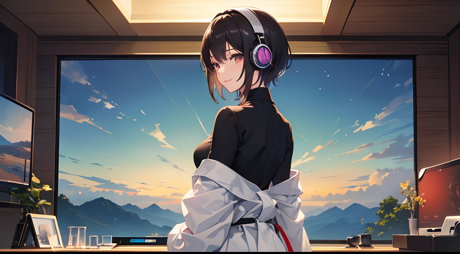 (beautiful eyes finely detailed、Face to detail、masterpiece sidelighting、​masterpiece、top-quality、detaileds、High resolution illustration)、((Large screen、Gaming PC:1.2)), ((Scene、1 persons)), (jpn、TOKYOcty、A room at home、)、youtuber,Live streaming,(photographed from the back、Looks Back、You are playing the commentary of the game、headphones)（rcasual、long-sleeve、sports wear、prety woman)、(1 persons、Female around 25 years old) ,(1girl in,The upper part of the body、from waist up、Esbian,frontage、Beautuful Women,luslous skin、see the beholder、A smile), (Short hair、Brown-eyed、)、