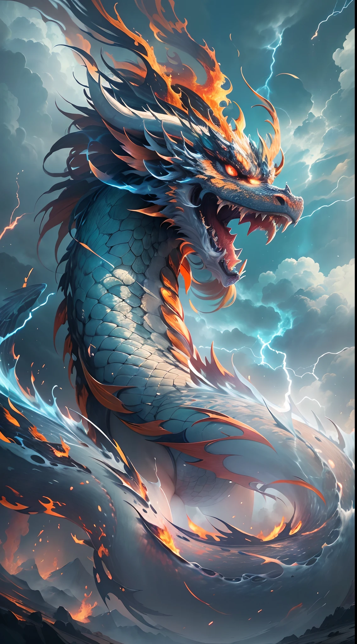 (The main subject: Wide-angle lens), The flame is light blue,[multicolor,(Chinese dragon anthropomorphism)+(Dynamic and powerful wings）], Lightning,dramatic clouds,(Deep depth of field), rich details​, (Wide sky), (sense of vastness),Energy and vitality, Intricate details.(Best quality, A high resolution, Masterpiece:1.2), (Realistic:1.37), hdr。