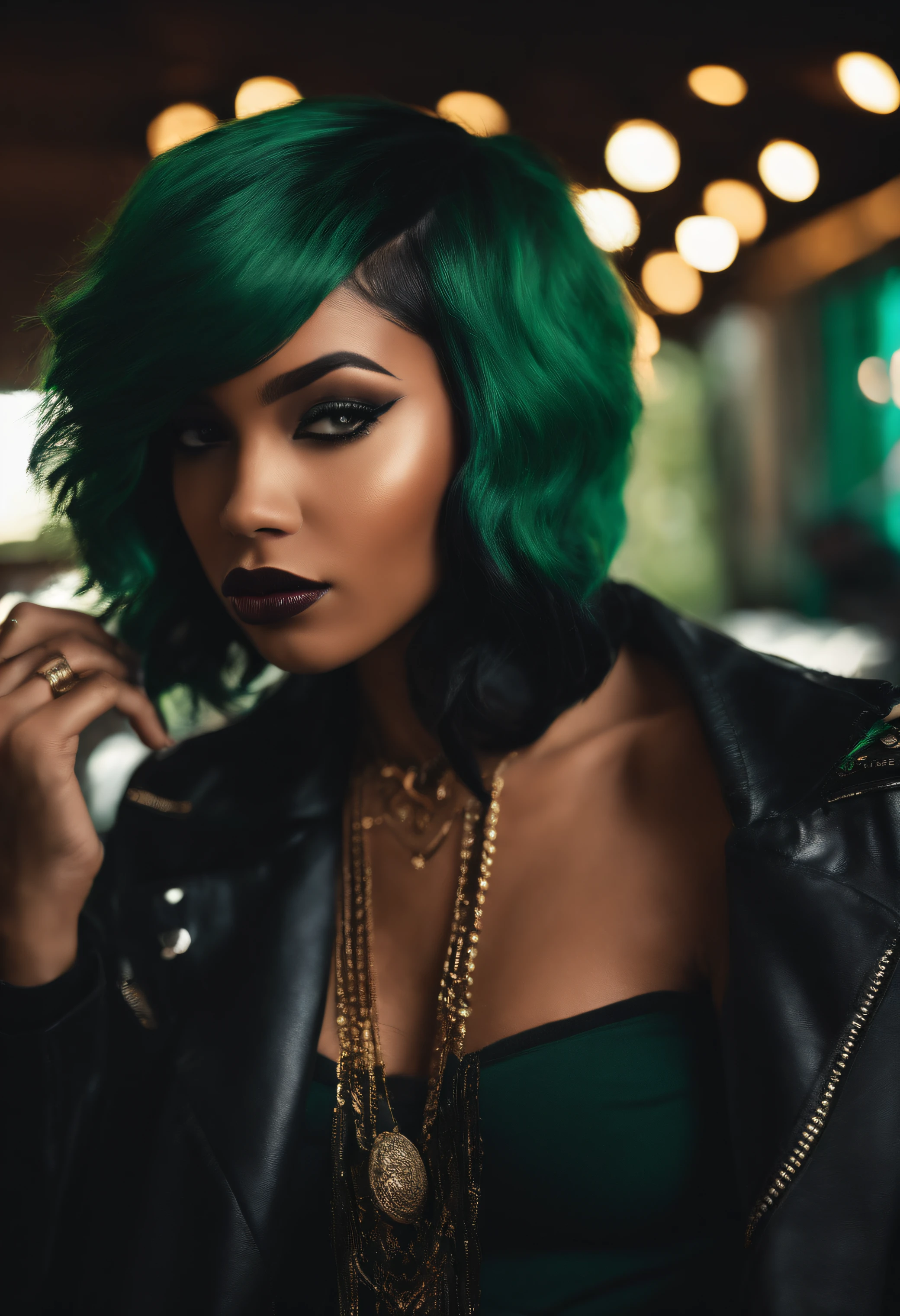 a rap girl singer , wild, beautiful, with green and black hair