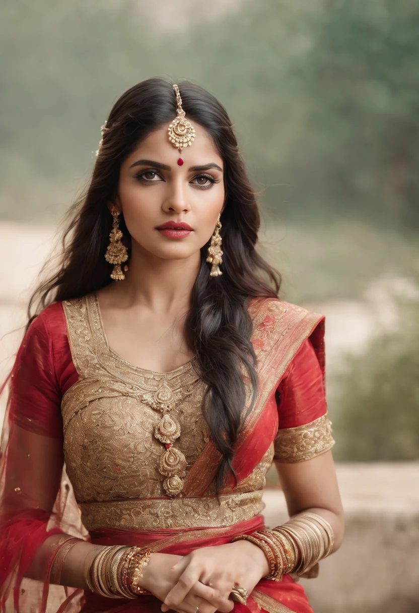 (photorealistic:1.37),indian women,sexy warrior,sword in hand,detailed eyes,detailed lips,long black hair,golden jewelry,flowing fabrics,navel,sexy top wear,vibrant colors,ornate headpiece,ornamental hilt,confident expression,graceful pose,beautiful backdrop,warrior princess