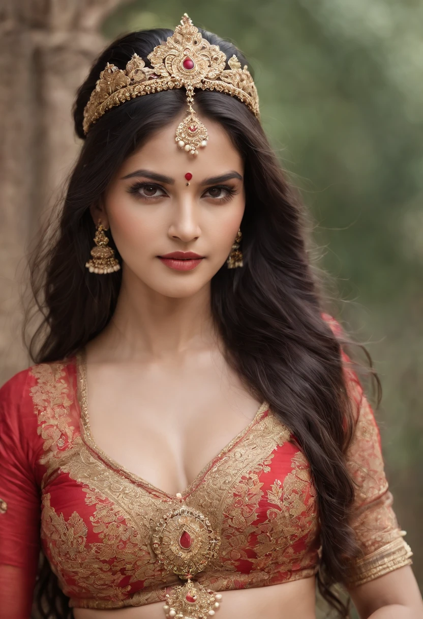 (photorealistic:1.37),indian women,sexy warrior,sword in hand,detailed eyes,detailed lips,long black hair,golden jewelry,flowing fabrics,navel,sexy top wear,vibrant colors,ornate headpiece,ornamental hilt,confident expression,graceful pose,beautiful backdrop,warrior princess