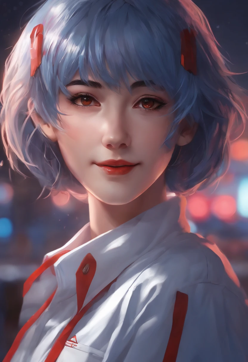 masterpiece portrait of smiling Rei Ayanami (evangelion), evangelion (Hideaki), caustics, high resolution illustration, red eyes, feminine, no pupils, blue hair, short hair, japanese school uniform, loafers, swpunk, synthwave, paint splatters, shaded flat illustration, digital art, trending on artstation, highly detailed, fine detail, intricate, splatter, outrun, vaporware, neon colors