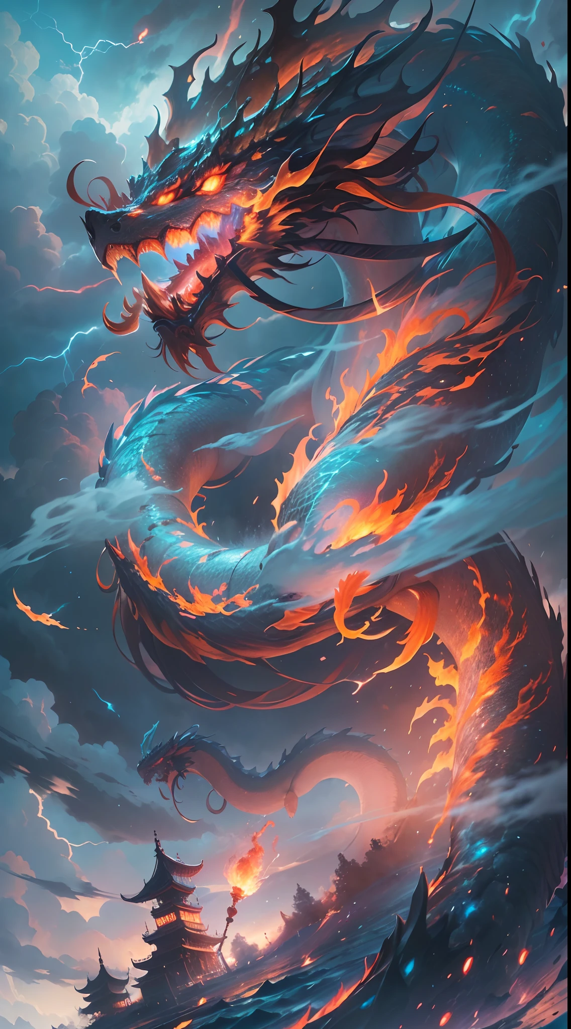 (The main subject: Wide-angle lens), The flame is light blue,[multicolor,(Chinese dragon anthropomorphism)], Lightning,dramatic clouds,(Deep depth of field), rich details​, (Wide sky), (sense of vastness),Energy and vitality, Intricate details.(Best quality, A high resolution, Masterpiece:1.2), (Realistic:1.37), hdr。