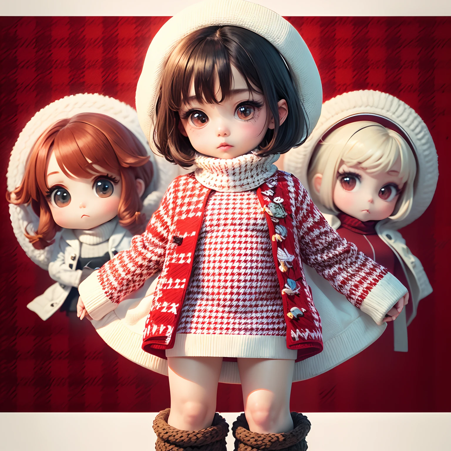 ​masterpiece、top-quality、ultra-detailliert、(Chibi Chara's Daughter:1.2)、(red houndstooth coat:1.4), (off-white turtleneck sweater dress:1.3)、Light blue bob、short boots、The background is the port town of Cape Town