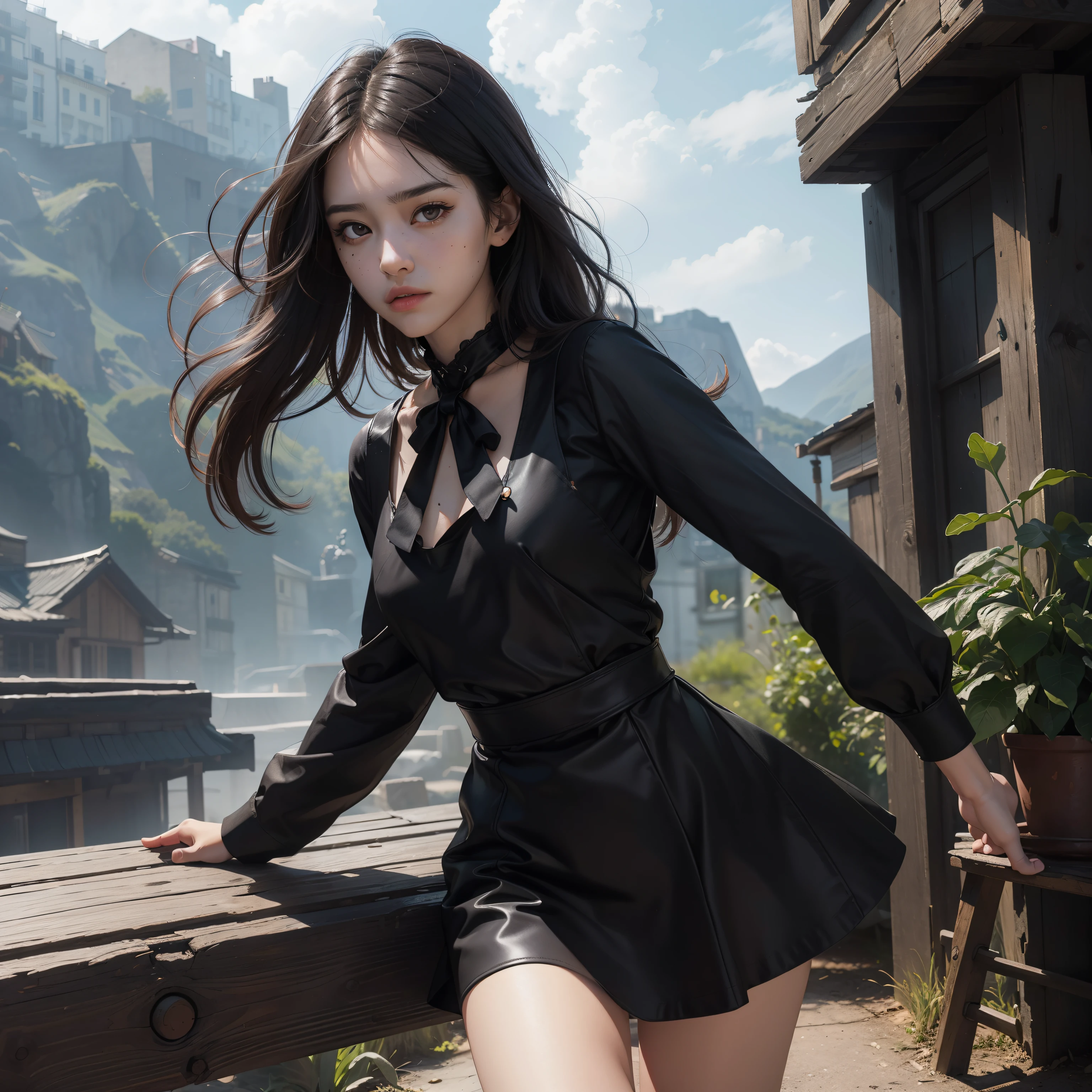 (Hyper-realistic), (Illustration), (High resolution), (8K), (Extremely detailed), (Best Illustration), Yol ( chain saw man ), (Beautiful detailed eyes), (Best Quality), (Ultra-detailed), (masutepiece), (Wallpaper), (Detailed face), Solo, Upper body, Focus on Face, 1 girl, Long Black Hair, Korean, Thin eyeshadow, A detailed eye, Brown eyes, Small moles under the eyes, very thin legs,Long sleeve shirt, Neckbow, Small breasts,Black leather shoes,pinafore dress, Dynamic Pose, low illuminance, Night, Dark, Clouds, a dark night