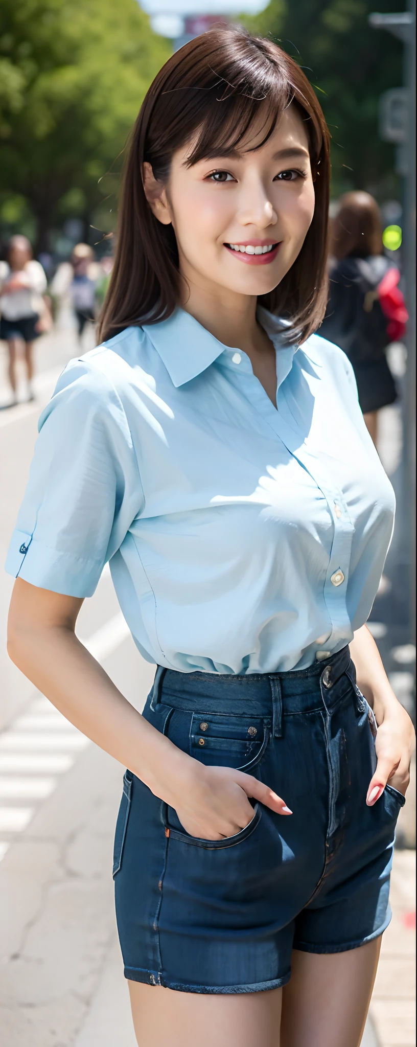 (8k, RAW photos, top quality, masterpiece: 1.2, ultra detailed, super resolution, real photos: 1.37), (Full body photo), 1 noble elegant Japanese lady, A lot of wrinkles on the face, plumw, (standing contrapposte), Denim skinny little shorts, Thighs white, Good skin radiance, Small tunic T-shirt, tight-fitting, large pelvis, Black heels, Shiny, mature pretty woman, Moist clothes, Smile, Daylight, Looks like 1.8 meters tall, Large breasts, big cuvy hips, Thin waist, Long legs, skin hyper-detail, 45 years old, Perfect face, Fantastic look, (Detailed facial features), Wavy hair, center of street, crowd of people,