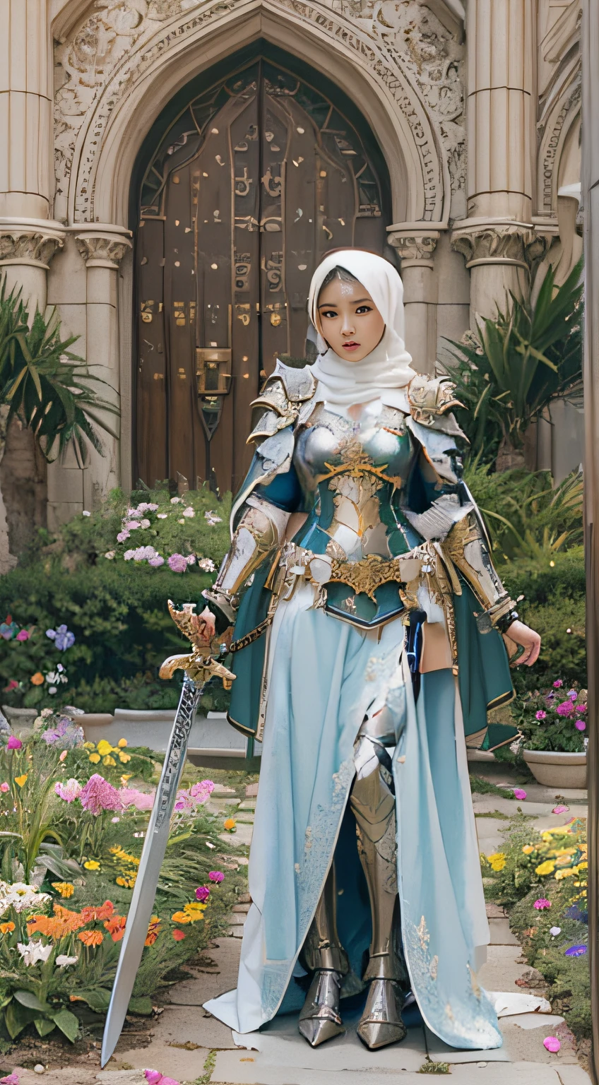 masterpiece, best quality, cinematic light, ultra high res, 8k uhd, intricate details, nature light, film grain, dreamlike, perfect anatomy, best shadow, delicate, RAW>, pleasured expression, spotless face, perfect face, perfect body, expressive eyes, 2girls, wearing cape hijab, attacking each other, sword fighting on the battlefield in front yard of a sultan palace, whole body covered by long dress, wearing full body battle armor, chest cover accessories, non-transparent clothing, angry face, kpop idol face, perfect face, perfect body, big chest,
