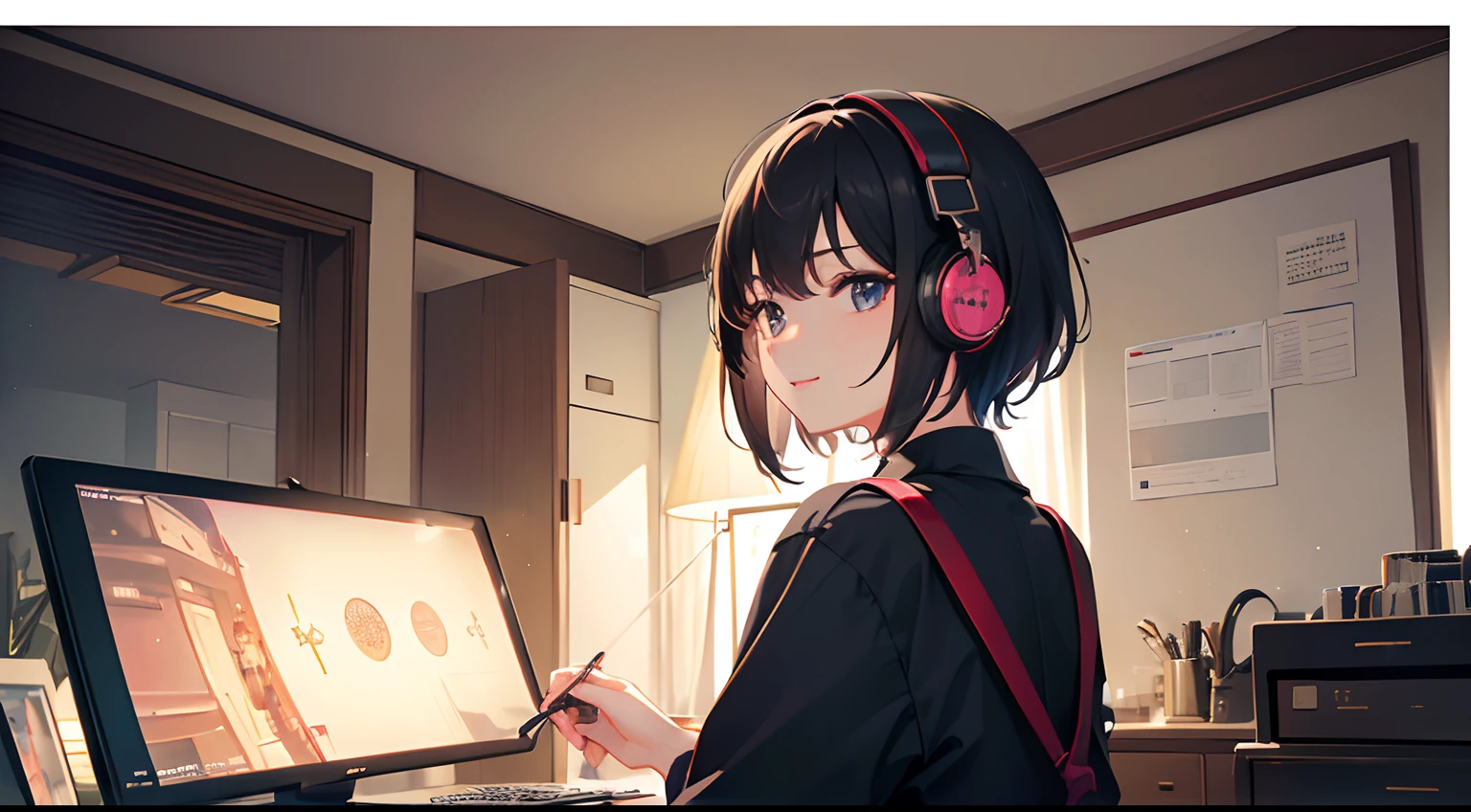 (beautiful eyes finely detailed、Face to detail、masterpiece sidelighting、masterpiece、top-quality、detaileds、High resolution illustration)、((Large screen、Gaming PC:1.2)), ((Scene、1 persons)), (jpn、TOKYOcty、A room at home、)、youtuber,Live streaming,(photographed from the back、Looks Back、You are playing the commentary of the game、headphones)(rcasual、long-sleeve、sports wear、prety woman)、(1 persons、Female around 25 years old) ,(1girl in,The upper part of the body、from waist up、Esbian,frontage、Beautuful Women,luslous skin、see the beholder、A smile), (Short hair、Brown-eyed、)、