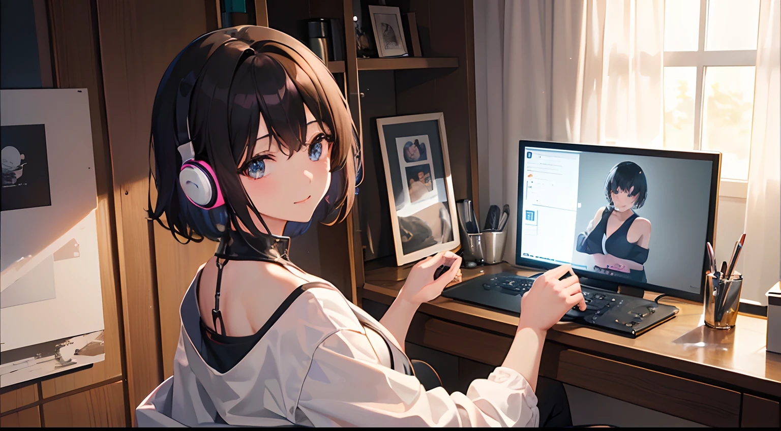 (beautiful eyes finely detailed、Face to detail、masterpiece sidelighting、masterpiece、top-quality、detaileds、High resolution illustration)、((Large screen、Gaming PC:1.2)), ((Scene、1 persons)), (jpn、TOKYOcty、A room at home、)、youtuber,Live streaming,(photographed from the back、Looks Back、You are playing the commentary of the game、headphones)(rcasual、long-sleeve、sports wear、prety woman)、(1 persons、Female around 25 years old) ,(1girl in,The upper part of the body、from waist up、Esbian,frontage、Beautuful Women,luslous skin、see the beholder、A smile), (Short hair、Brown-eyed、)、