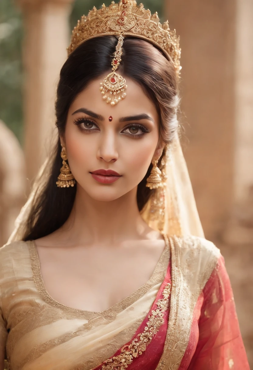 (photorealistic:1.37),indian women,sexy ,detailed eyes,detailed lips,long black hair,golden jewelry,flowing fabrics,navel,sexy top wear,vibrant colors,ornate headpiece,ornamental hilt,confident expression,graceful pose,beautiful backdrop,warrior princess