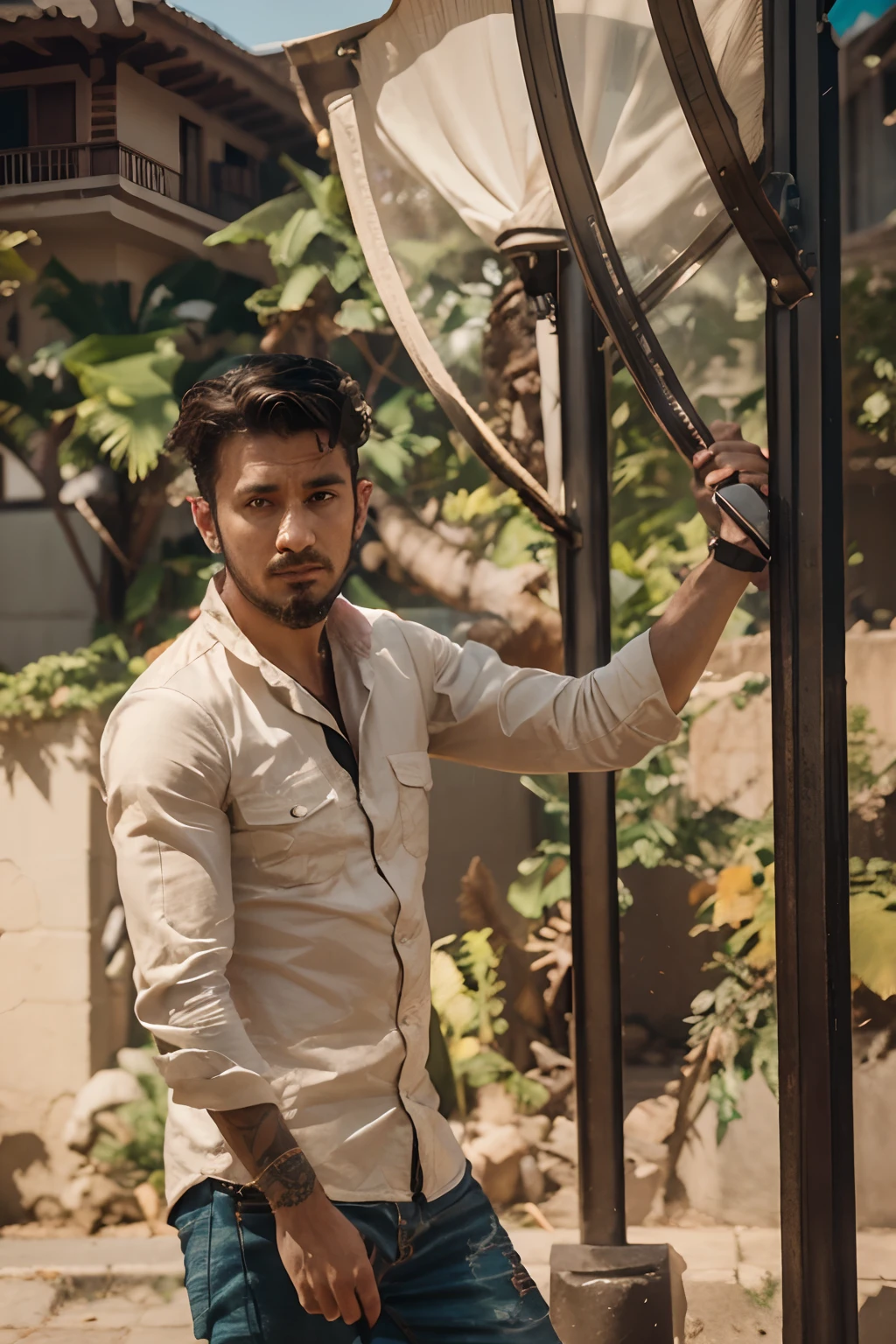 there is a man standing in the middle of a street with a lion statue behind him, realistic fantasy photography, realistic portrait photography, julian calle, realistic colorful photography, detailed cinematic photography, anamorphic bokeh and lens flares, shot on anamorphic lenses, cinematic lighting photography, 8k artistic portrait photography, ash thorp khyzyl saleem