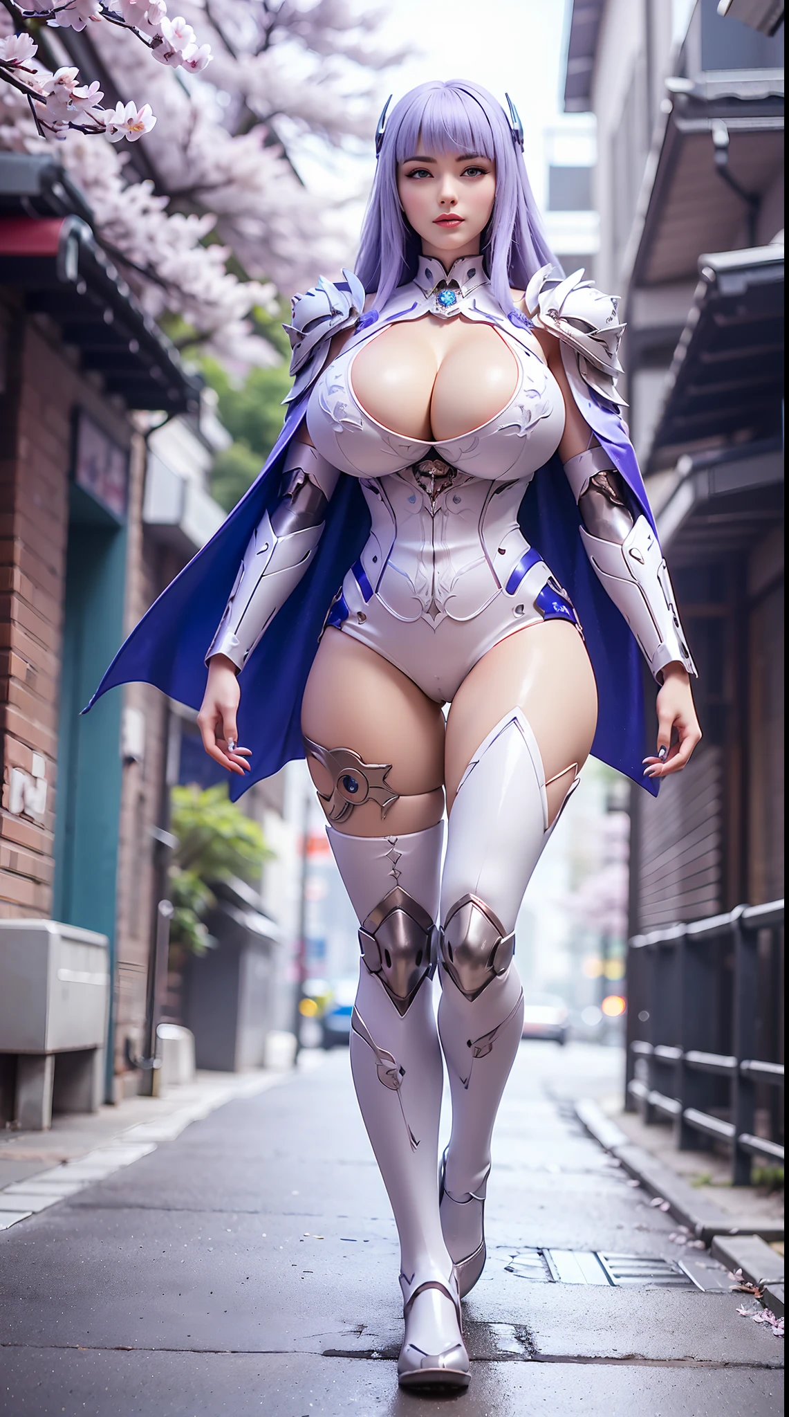 1GIRL, SOLO, (ssmile, makeup, beautifull eyes, red libs, white front bangs hair, gold ornament hair), (HUGE FAKE BOOBS:1.3), (GUARD ARM), (white, purple, blue, IN FUTURISTIC DRAGON ARMOR, GIRL IN MECHA CYBER ARMOR, ROYAL CAPE, CLEAVAGE, BLACK SKINTIGHT HOTPANTS, HIGH HEELS:1.5), (SLENDER BODY, SEXY LONG LEGS, FULL BODY:1.5), (LOOKING AT VIEWER:1), (WALKING DOWN ON STREET NIGHT CHERRY TREES:1.3), PHYSICALLY-BASED RENDERING, ULTRA HIGHT DEFINITION, 8K, 1080P.