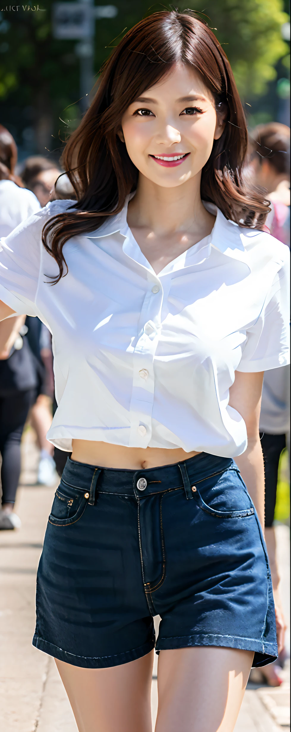 (8k, RAW photos, top quality, masterpiece: 1.2, ultra detailed, super resolution, real photos: 1.37), (Full body photo), 1 noble elegant Japanese lady, A lot of wrinkles on the face, plumw, (standing contrapposte), Denim skinny little shorts, Thighs white, Good skin radiance, Small tunic T-shirt, tight-fitting, large pelvis, Black heels, Shiny, mature pretty woman, Moist clothes, Smile, Daylight, Looks like 1.8 meters tall, Large breasts, big cuvy hips, Thin waist, Long legs, skin hyper-detail, 45 years old, Perfect face, Fantastic look, (Detailed facial features), Wavy hair, center of street, crowd of people,