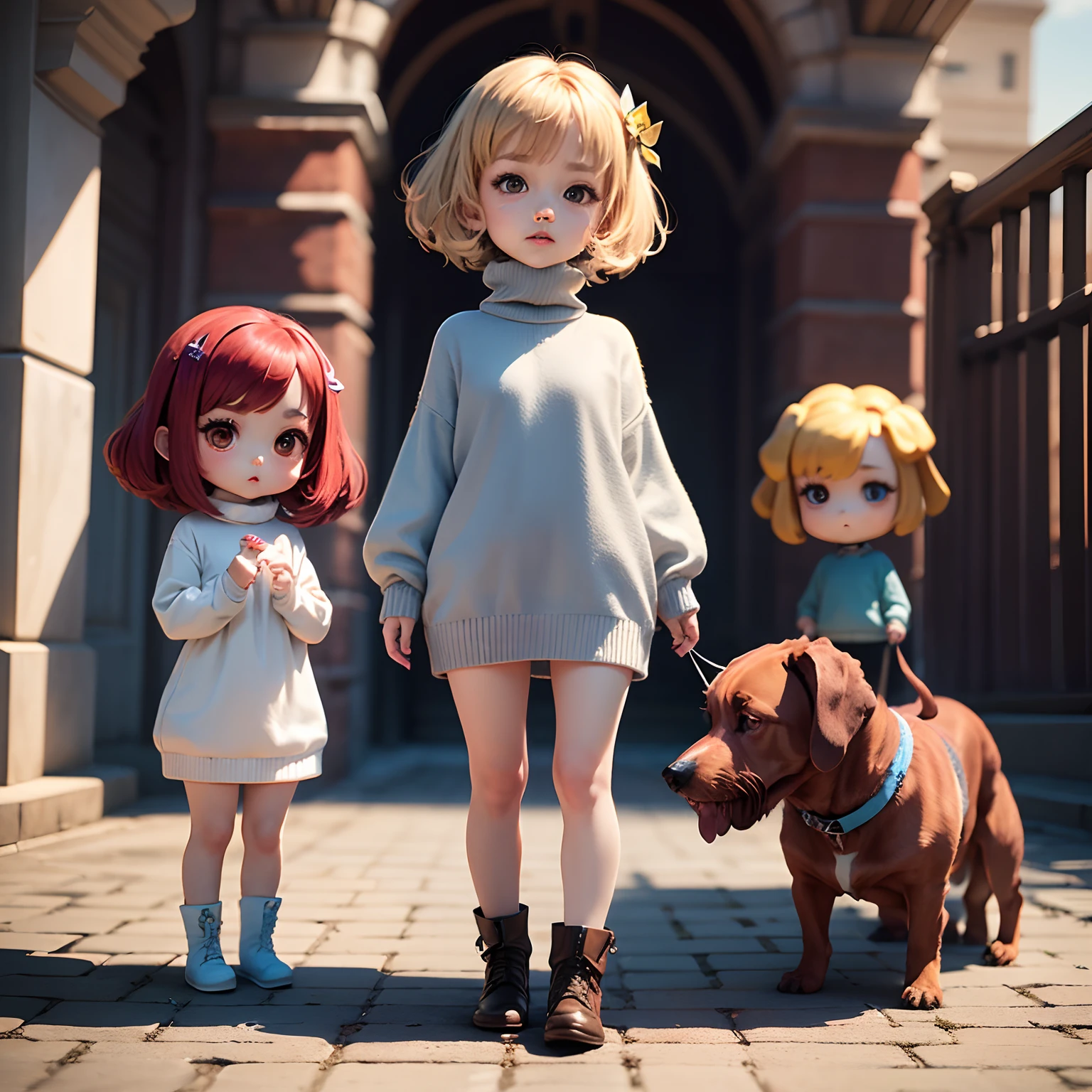 masterpiece、top-quality、ultra-detailliert、(Chibi Chara's Daughter:1.2)、(Redhounds Tooth Court:1.4), Off-White Turtleneck Sweater Dress、Light Blue Bob、Short boots、The background is the port city of Cape Town