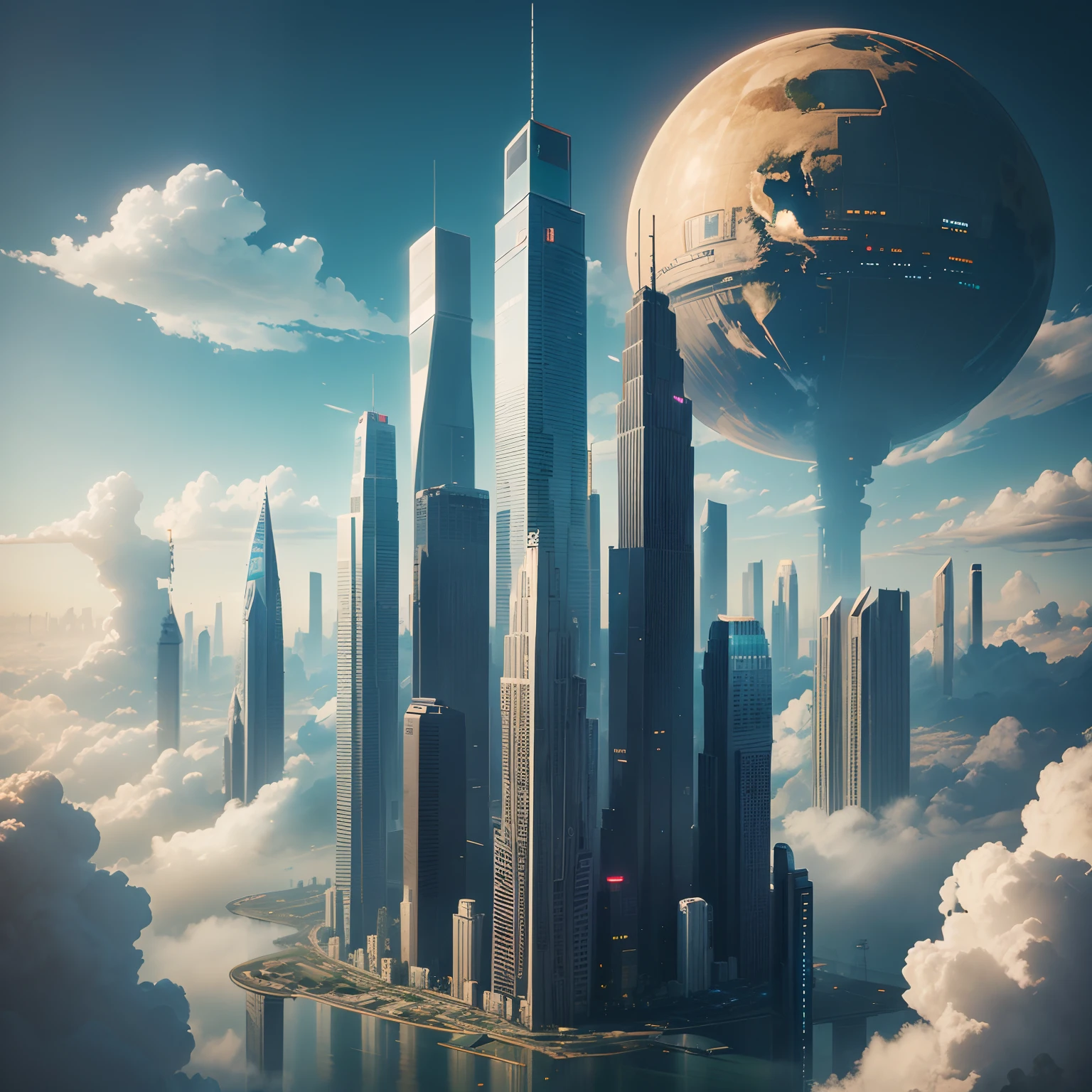 A number of skyscrapers stand out from among the clouds,cyberpunked,SFArt Works,futuristic cities,超A high resolution,StarWars,masterpiece,