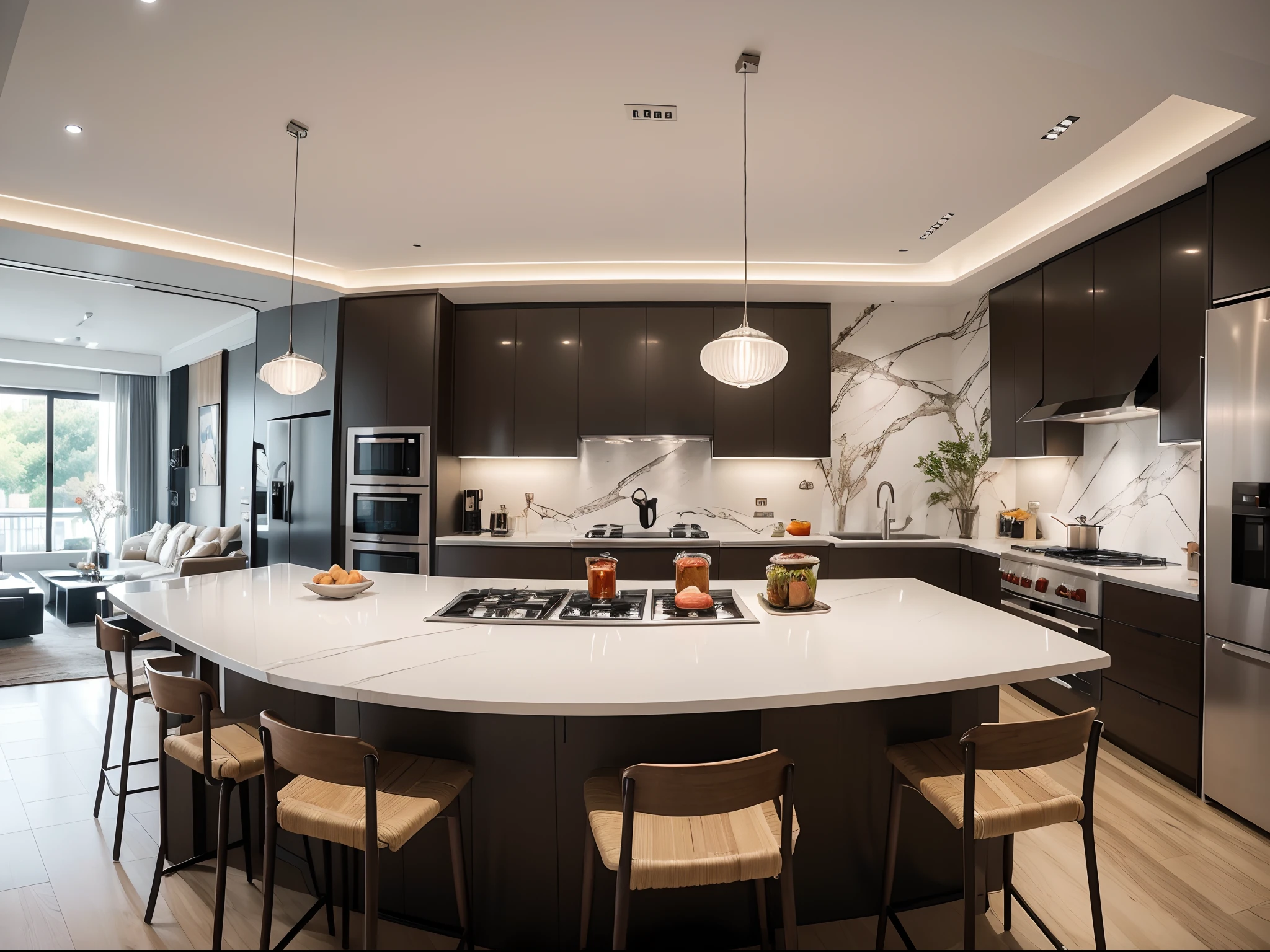 (best quality,4k,8k,highres,masterpiece:1.2),ultra-detailed,(realistic,photorealistic,photo-realistic:1.37),kitchen with stainless steel countertop and triangular ceiling light that creates a futuristic atmosphere. The combination of black rice paper wallpaper adds an artistic touch, making the entire kitchen exude an artistic ambiance. Whether cooking or enjoying food, it provides a luxurious and high-end quality experience.
