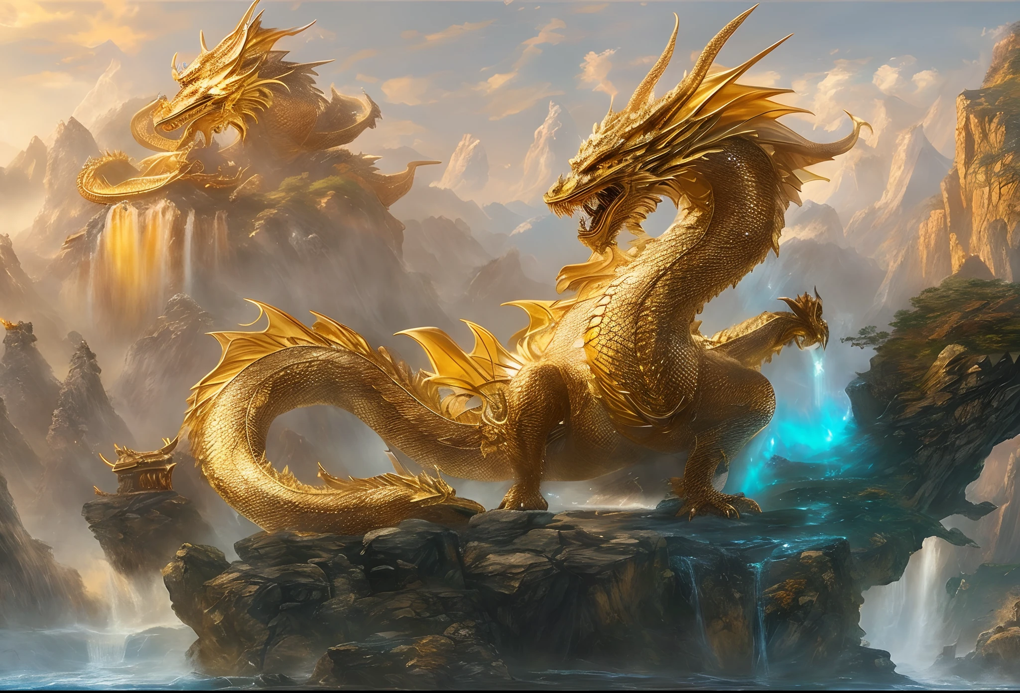 There is a dragon sitting on a rock by the water's edge, chinese dragon concept art, Golden dragon, Dragon Art, oil painting of dragon, smooth chinese dragon, Legendary Dragon, By Shen Quan, colossal dragon as background, by Yang J, epic dragon, Dragon, author:Arthur Penn, by Bayard Wu, author:Kan Lee, phoenix dragon, Chinese fantasy