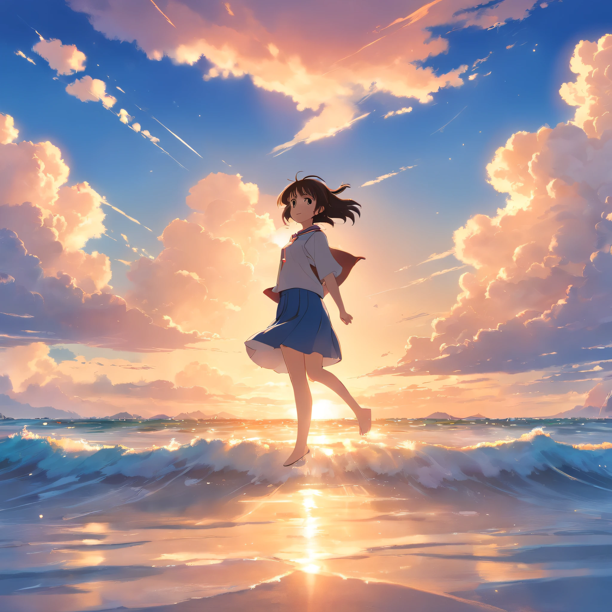 masterpiece、top-quality、Movie stills、1girl、Clouds and schoolgirl、Sky floating in the background、a closeup、with light glowing、happiness、Warm soft lighting、the setting sun、(Spark:0.7)