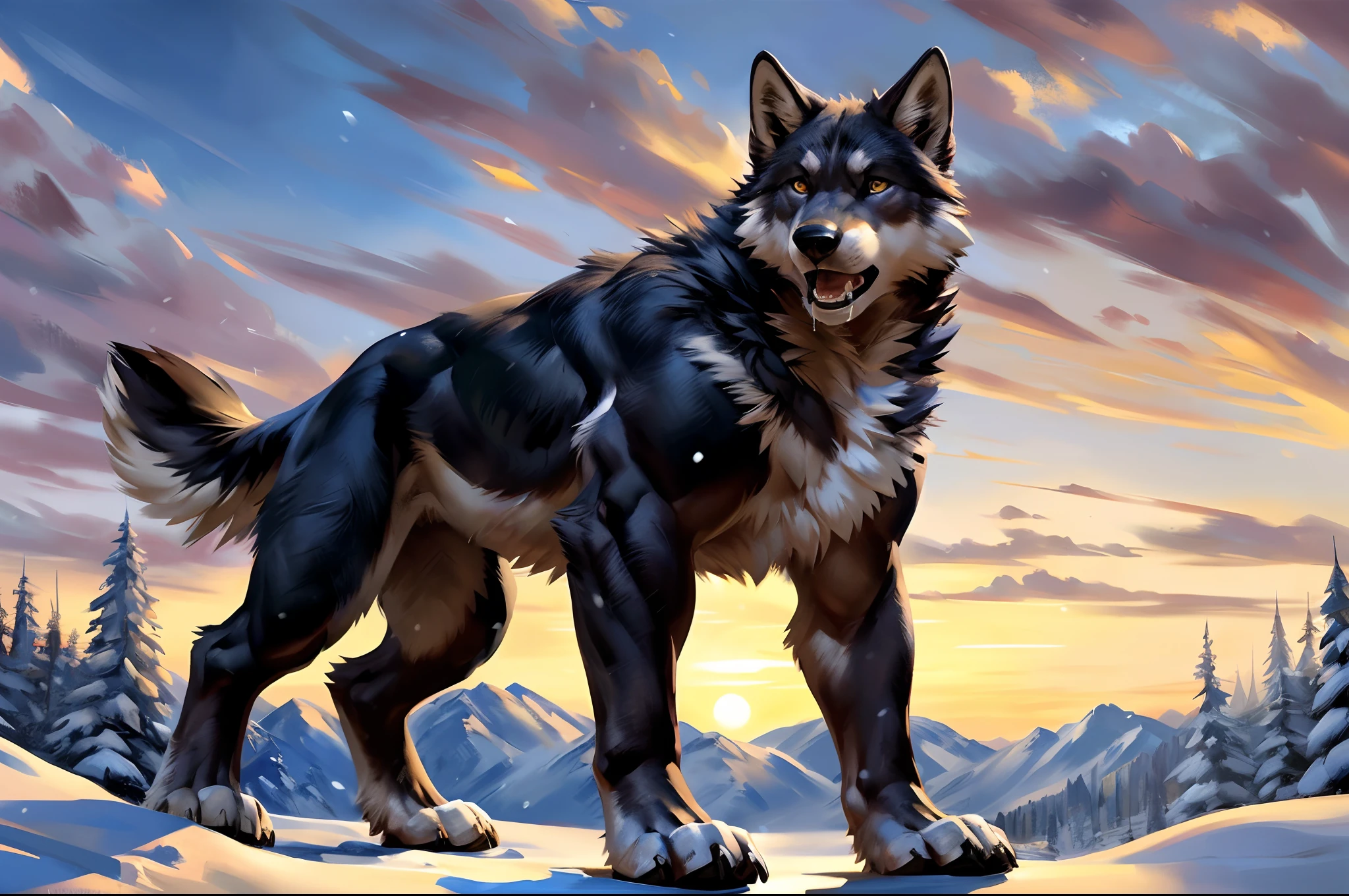 muscular feral:1.2 wolf, posing for the camera. 4k, high resolution, best quality, perfect colors, perfect shadows, perfect lighting, posted on e621, furry body, feral wolf, quadruped:1 wolf, solo, male, adult, masculine, (muscular, skinny build:1.4, strong pecs), correct anatomy, (photorealistic fur, detailed fur, epic, masterpiece:1.2), (detailed winter background, snowing, cloudy sky, sunset), sexy shadows, (by echin, by Taran Fiddler, by takemoto arashi, by Traver009, by Juiceps), (detailed eyes:1.2), impressive physique, tired pose, struggling, effort pose, bothered face, exhausted, detailed eyes, looking at camera, close-up, open mouth, thick drooling:1.4, low-angle shot