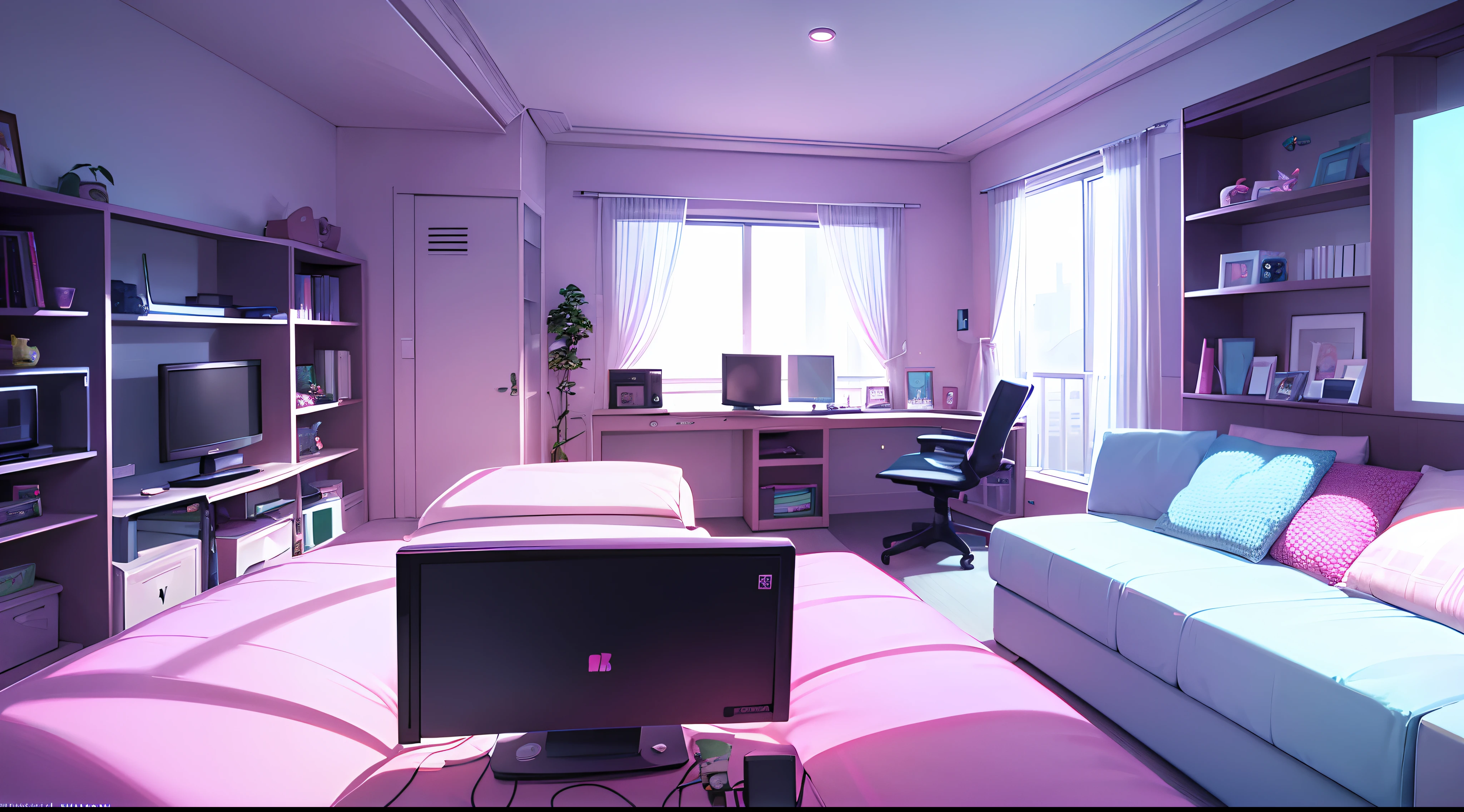 Imagine a tranquil gamer-themed room with a lofi aesthetic. The walls are adorned in soft tones like pastel pink or light purple, and shelves display video game figurines and collectibles. In the center of the room, there is a cozy gaming chair and a desk with a computer and multiple screens, reflecting soft and vibrant lights. The desk features backlit keyboard and mouse in soothing pastel colors. In one corner, there is a relaxation area with cushions and pillows, surrounded by dim colored lights. The room is bathed in warm, gentle lighting, and soft lofi music plays in the background