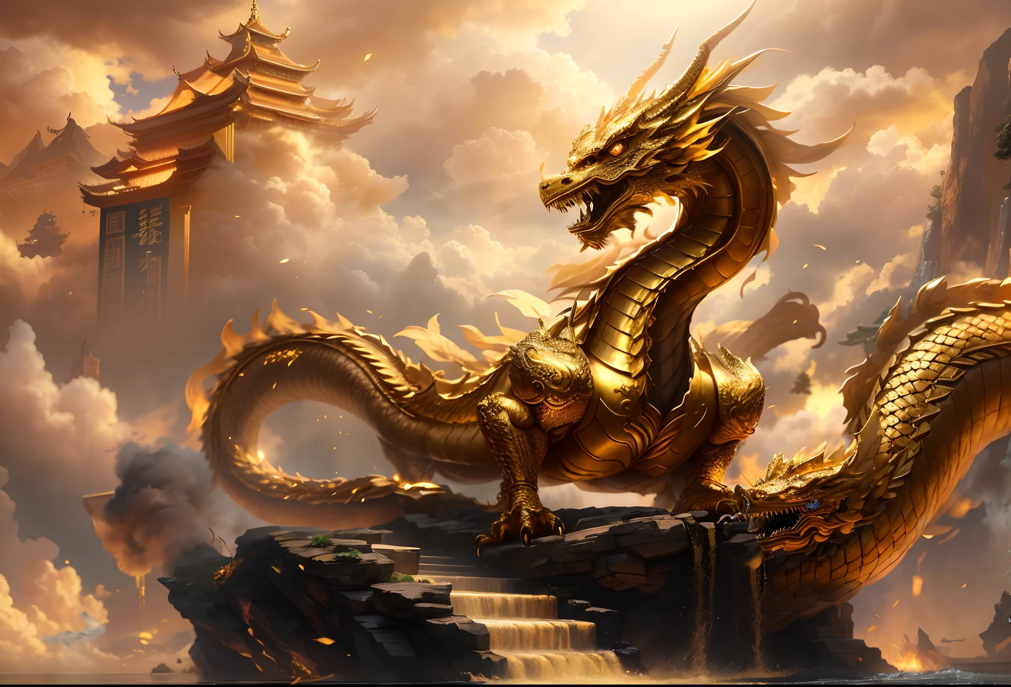 Best quality,Masterpiece, Intricate,Ultra detail,Realistic,RAW photo,8K UHD,超高分辨率,Photorealistic style,Cinematic scenes, Sharp focus,Dramatic lighting,extremely detailed CG unity wallpaper) ,Golden Chinese dragon,Chinese dragon in the clouds