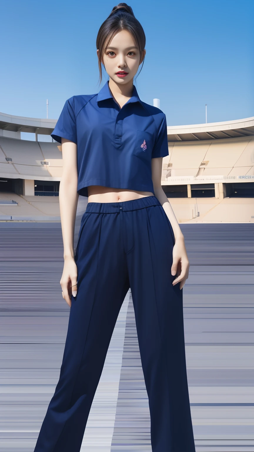 (bestquality,10,10,highres,masterpiece:1.2),ultra-detail,(Realistic,photorealistic portrait,photo-realistic:1.37),1 Cute girl in the football field,oily shiny skin,bara,light smile,BDclothes,((blue shirt:1.3)),short sleeves,shirt, trousers.,(navy_long_Pants Track:1.1), ((Stadium Background:1.3)),dynamic angle,excited,face focus,Dynamic Poses,from behide,Ass Focus,masterpiece, bestquality, ultra realistic, hyper-detail, 8k resolution, RAW photo, crisp focus, ((Navy blue shirt:1.1)), short sleeves, Long Path, Perfect body, 2 mature women, 18yo, cinematic light,Blue sweatpants,Gymware,Correct anatomy,Complete body, Correct body, sharp face, Anatomically correct body, full entire body, Realistic gestures, long-haired, Realistic poses,Wear long shorts.....,Long leg span,Shapely,Sculpting Girl 2 Girl Kissing, Realistic kiss, Slender Figure, mannequin mannequins, Shapely, Beautiful body