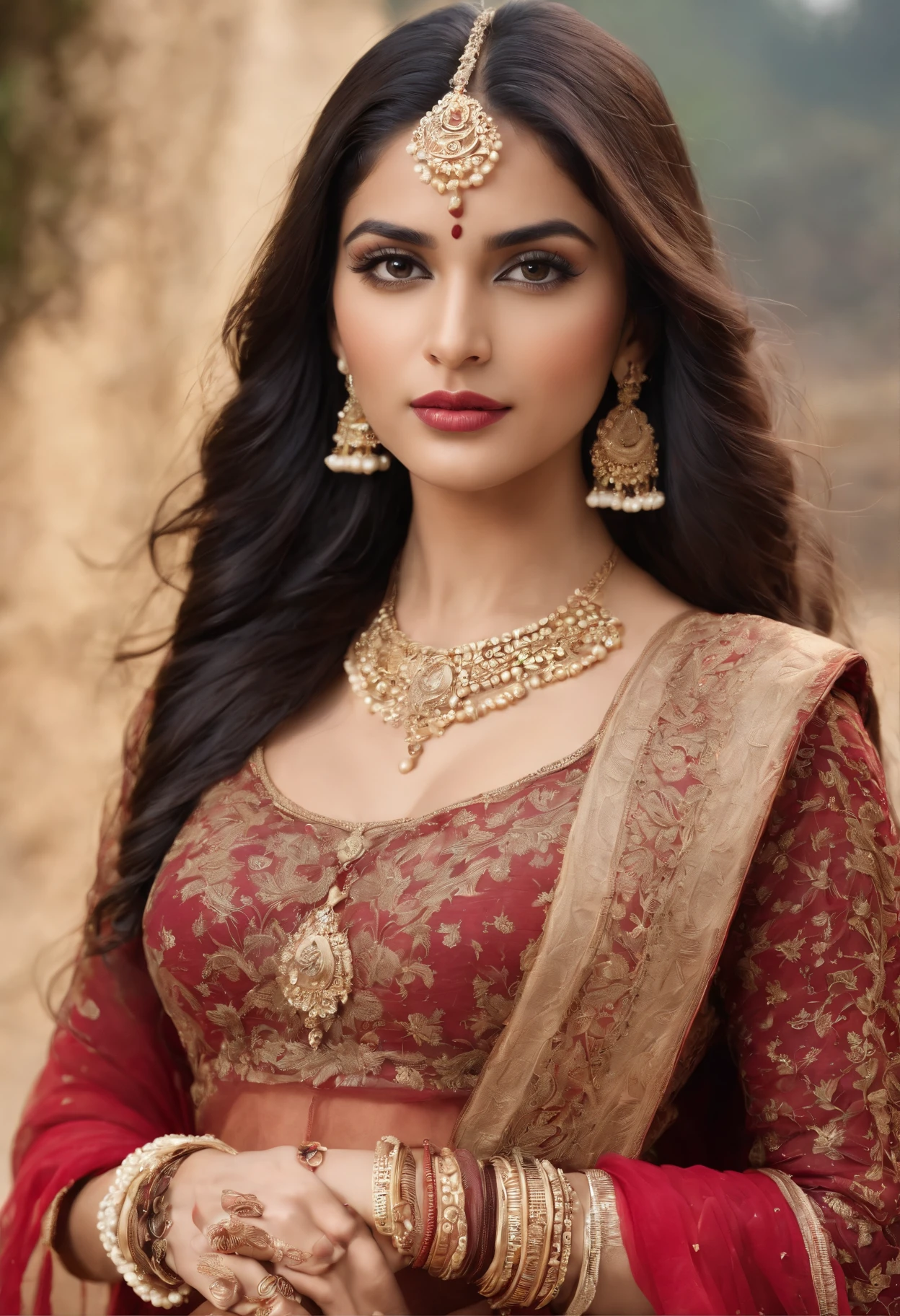 (photorealistic:1.37),indian women,sexy ,detailed eyes,detailed lips,long black hair,golden jewelry,flowing fabrics,navel,sexy top wear,vibrant colors,ornate headpiece,ornamental hilt,confident expression,graceful pose,beautiful backdrop,warrior princess