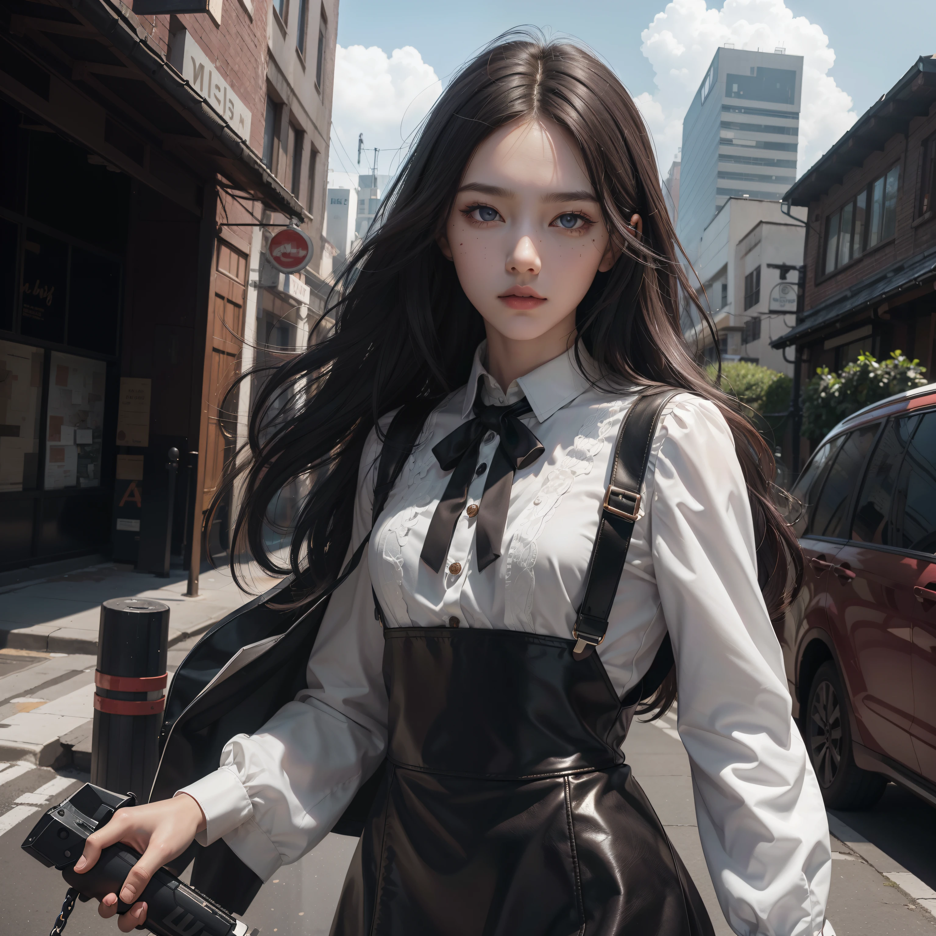 (Hyper-realistic), (Illustration), (High resolution), (8K), (Extremely detailed), (Best Illustration), Yol ( chain saw man ), (Beautiful detailed eyes), (Best Quality), (Ultra-detailed), (masutepiece), (Wallpaper), (Detailed face), Solo, Upper body, Focus on Face, 1 girl, Long Black Hair, Korean, Thin eyeshadow, A detailed eye, Brown eyes, Small moles under the eyes, very thin legs,Long sleeve shirt, Neckbow,  Small breasts,Black leather shoes,pinafore dress, Dynamic Pose, low illuminance, Night, Dark, Clouds, a dark night