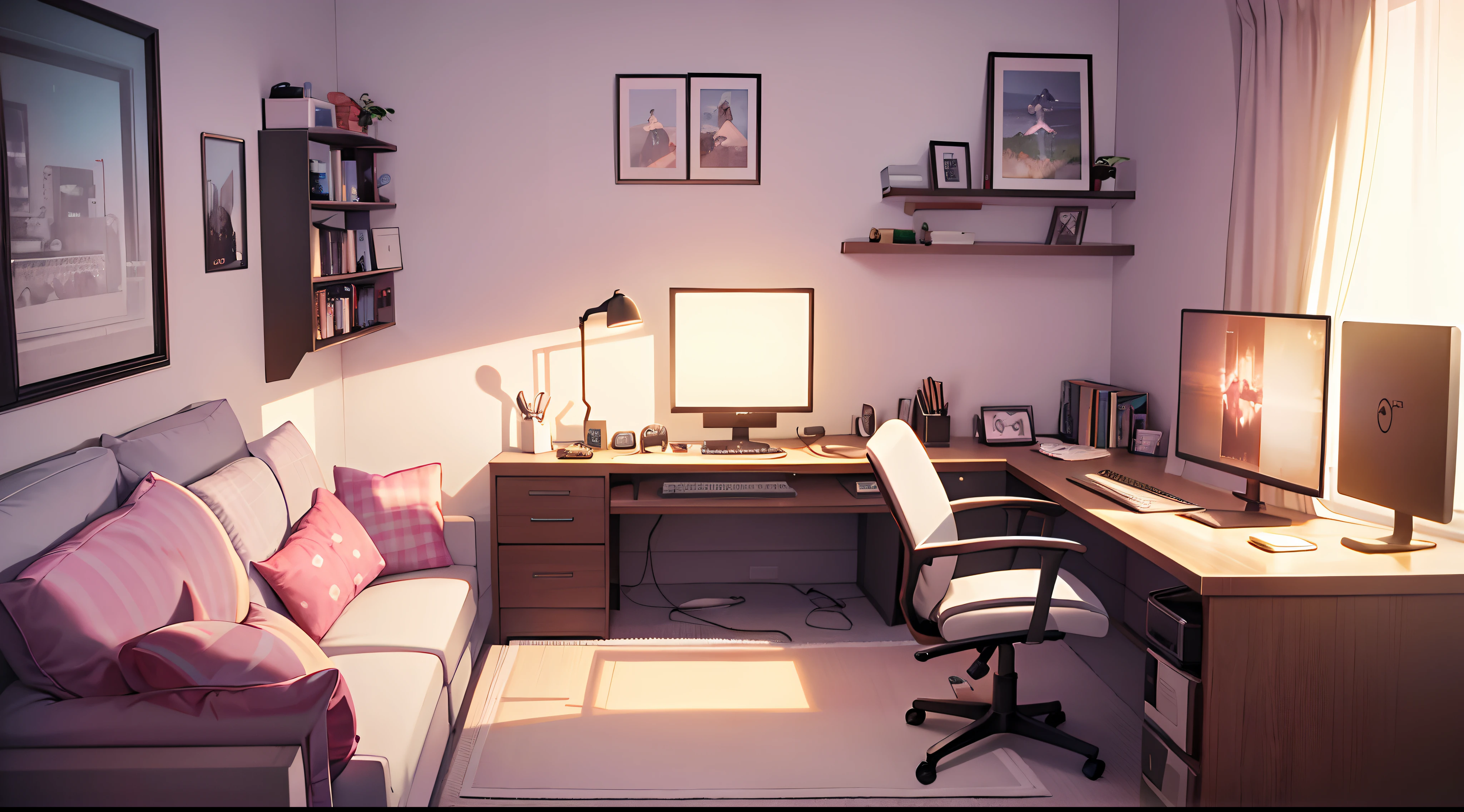 Imagine a tranquil gamer-themed room with a lofi aesthetic. The walls are adorned in soft tones like pastel pink or light purple, and shelves display video game figurines and collectibles. In the center of the room, there is a cozy gaming chair and a desk with a computer and multiple screens, reflecting soft and vibrant lights. The desk features backlit keyboard and mouse in soothing pastel colors. In one corner, there is a relaxation area with cushions and pillows, surrounded by dim colored lights. The room is bathed in warm, gentle lighting, and soft lofi music plays in the background